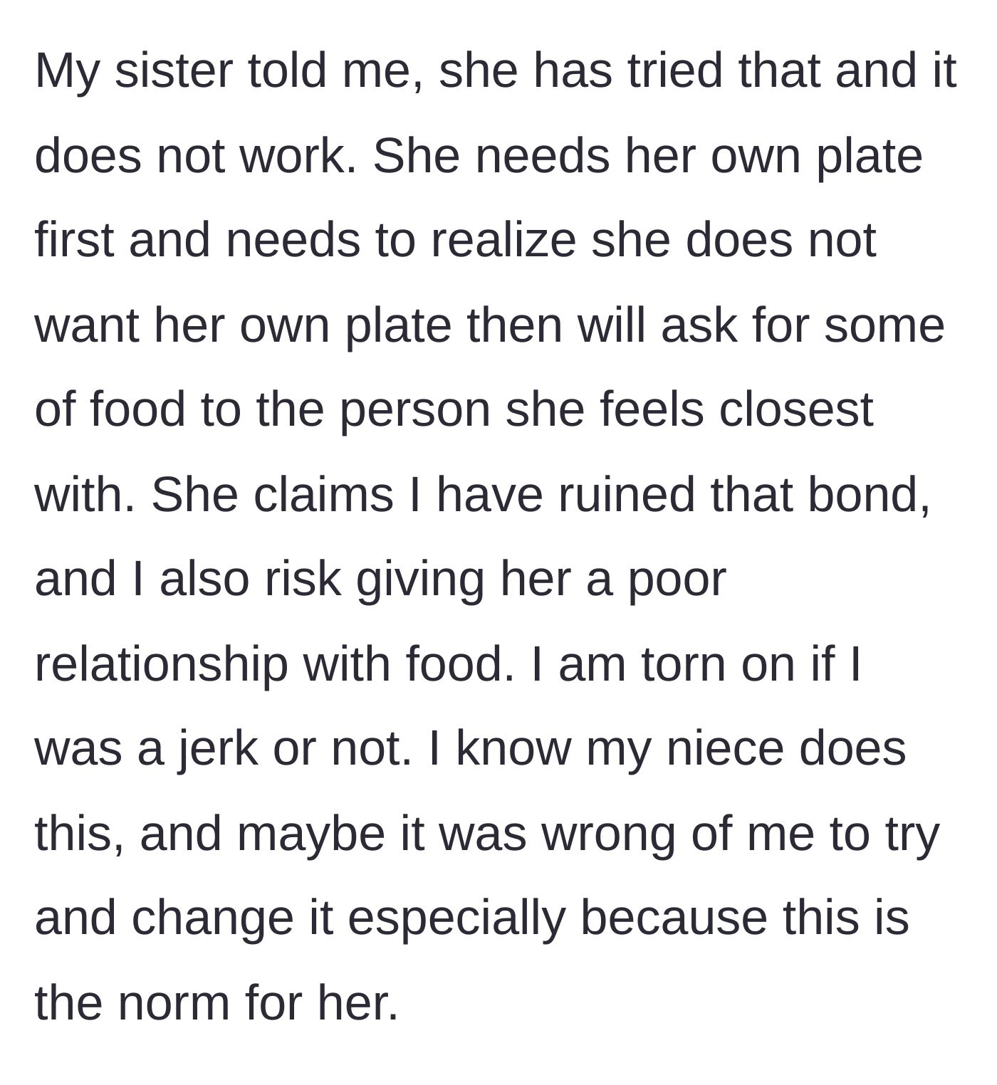 Story part 5 - Sister accuses the uncle of ruining his bond with the niece and causing potential eating issues.