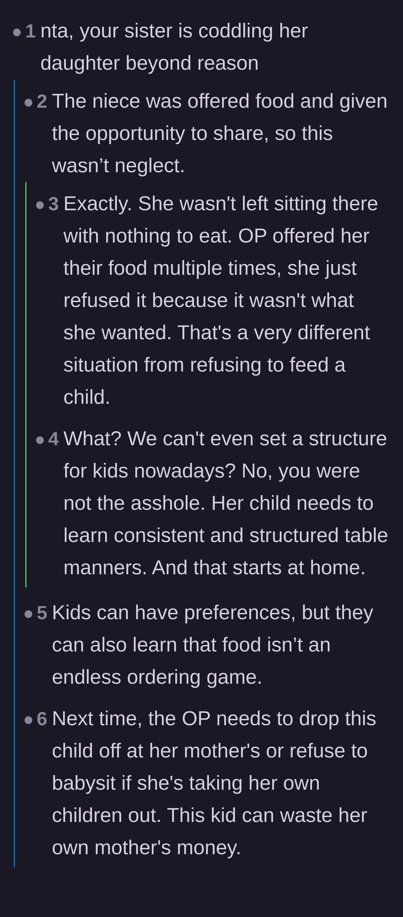 Comment thread 1 - Readers dissect the niece's habit of rejecting identical meals to prove it's a control tactic, not a food preference.