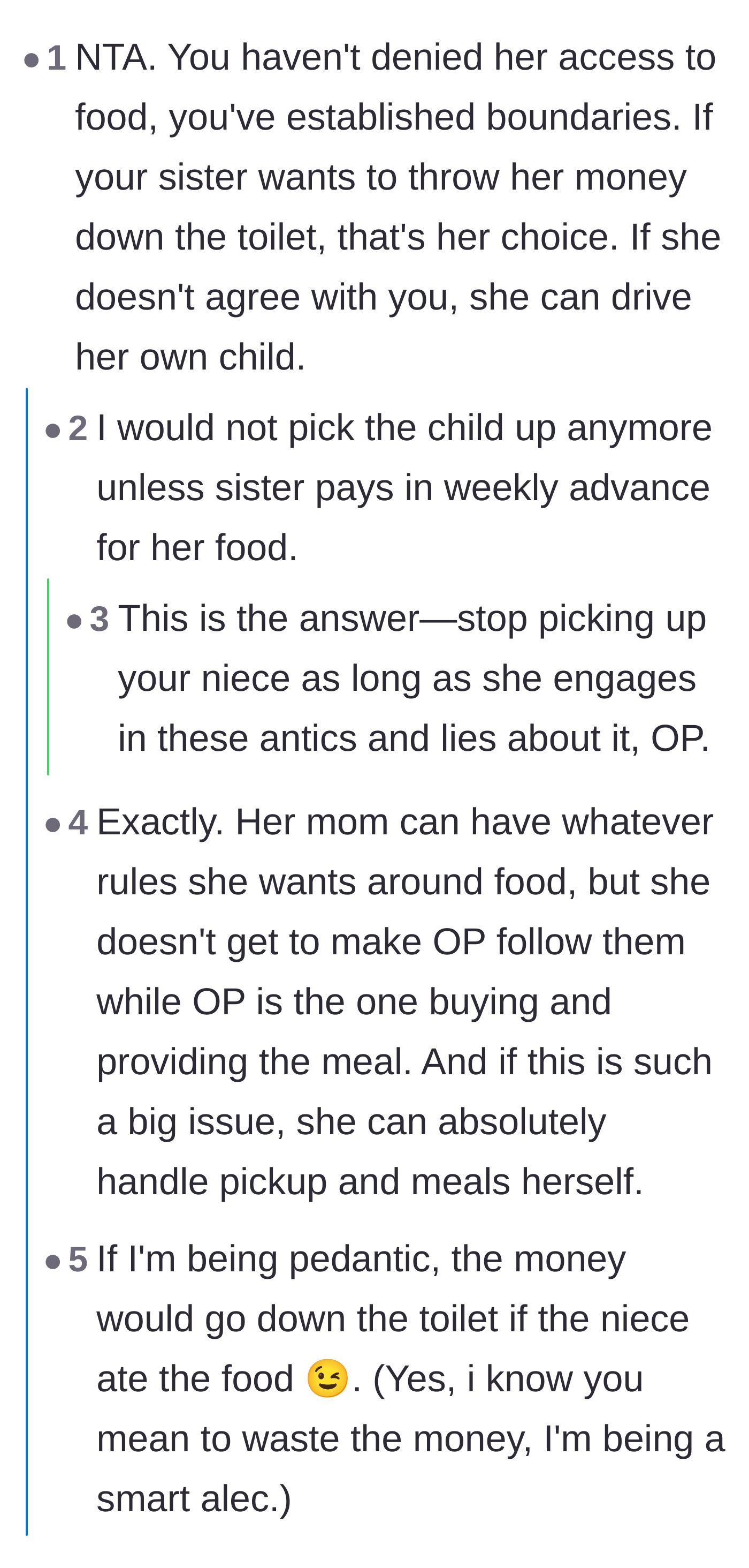 Comment thread 2 - Commenters advise the uncle to stop picking up his niece entirely unless his sister pays for the wasted food upfront.