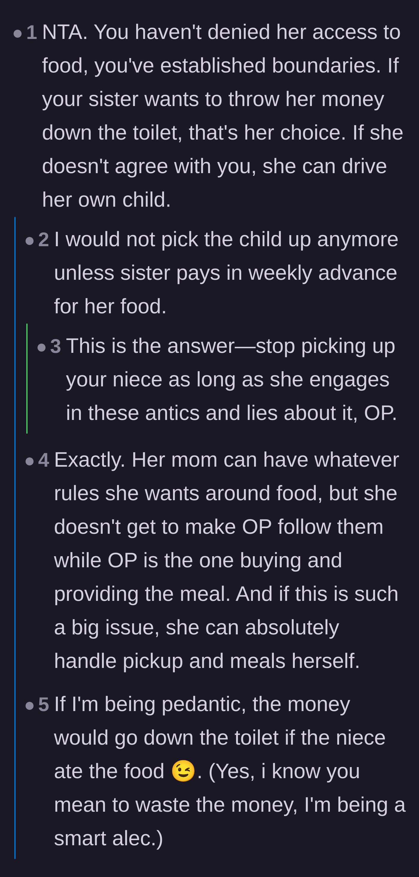 Comment thread 2 - Commenters advise the uncle to stop picking up his niece entirely unless his sister pays for the wasted food upfront.