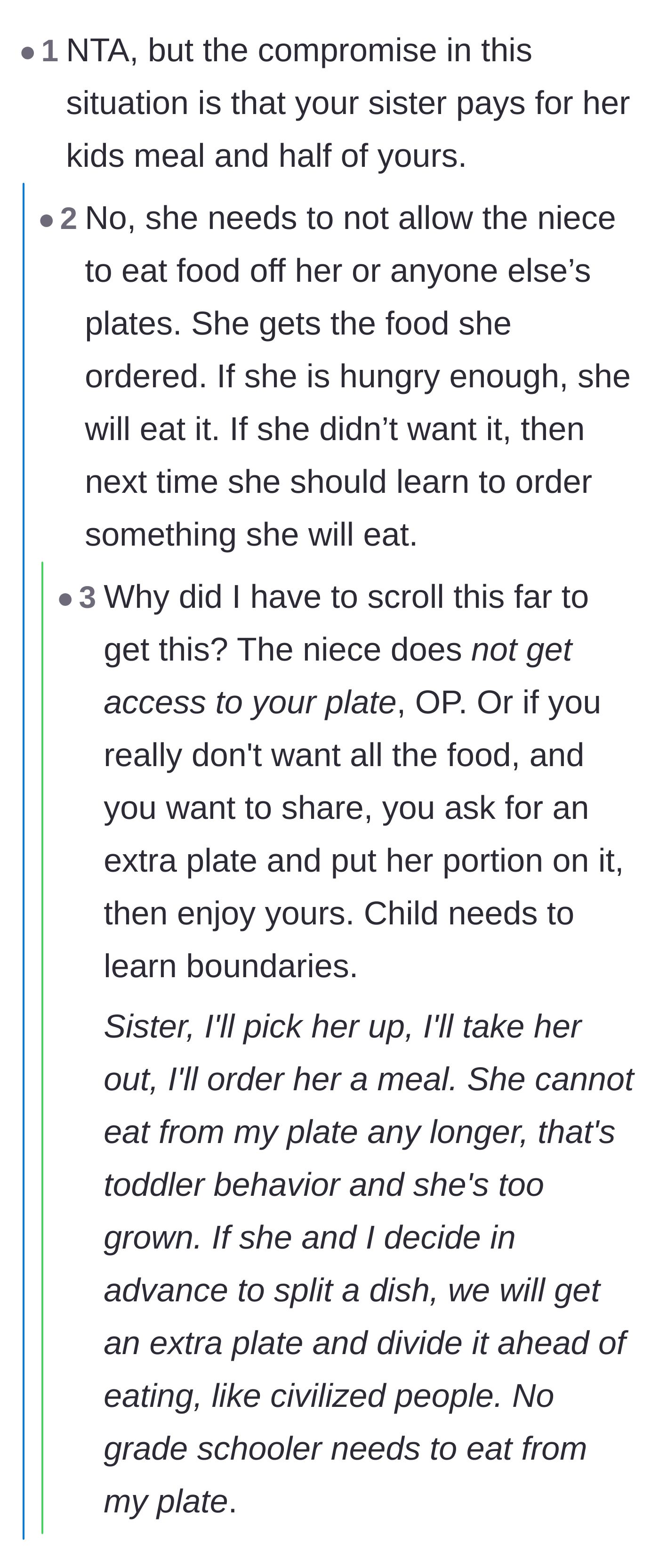 Comment thread 3 - A debate on age-appropriate table manners, noting that a six-year-old is far too old to be eating off other people's plates.