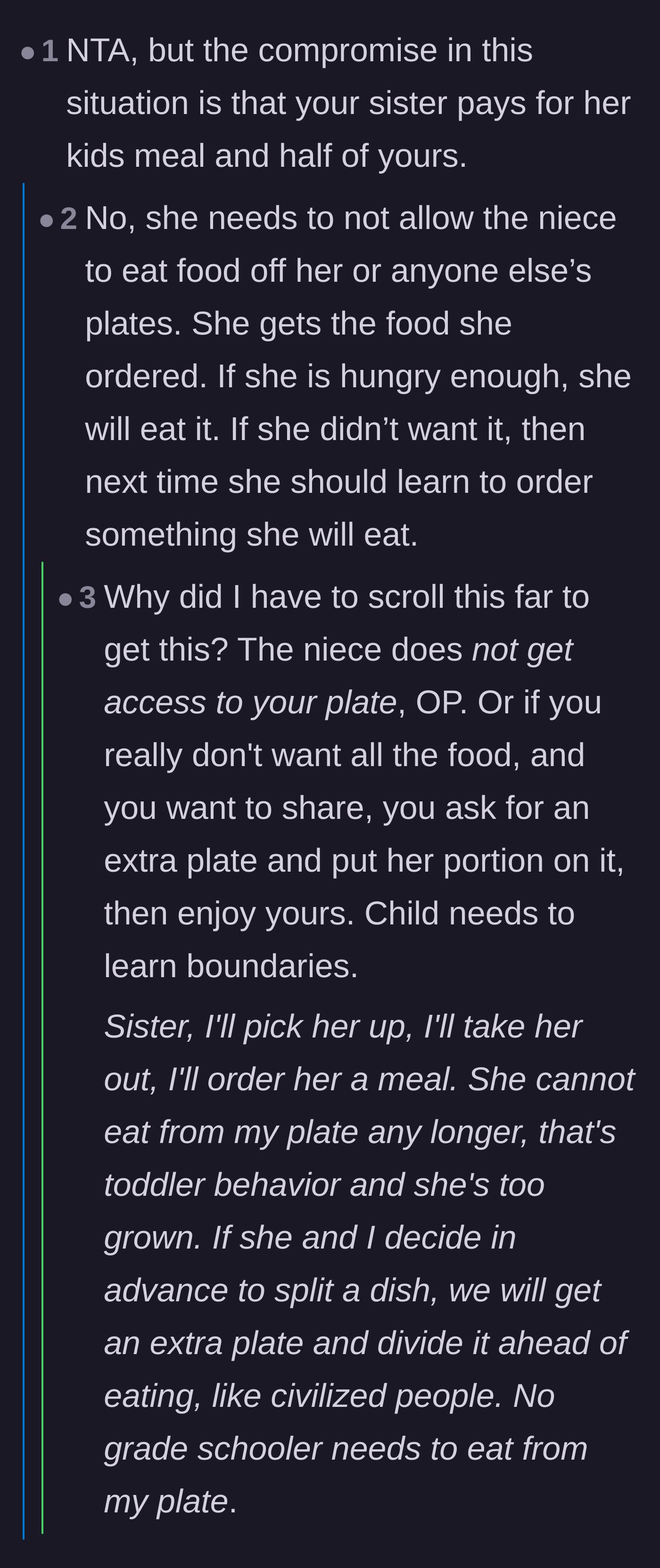 Comment thread 3 - A debate on age-appropriate table manners, noting that a six-year-old is far too old to be eating off other people's plates.