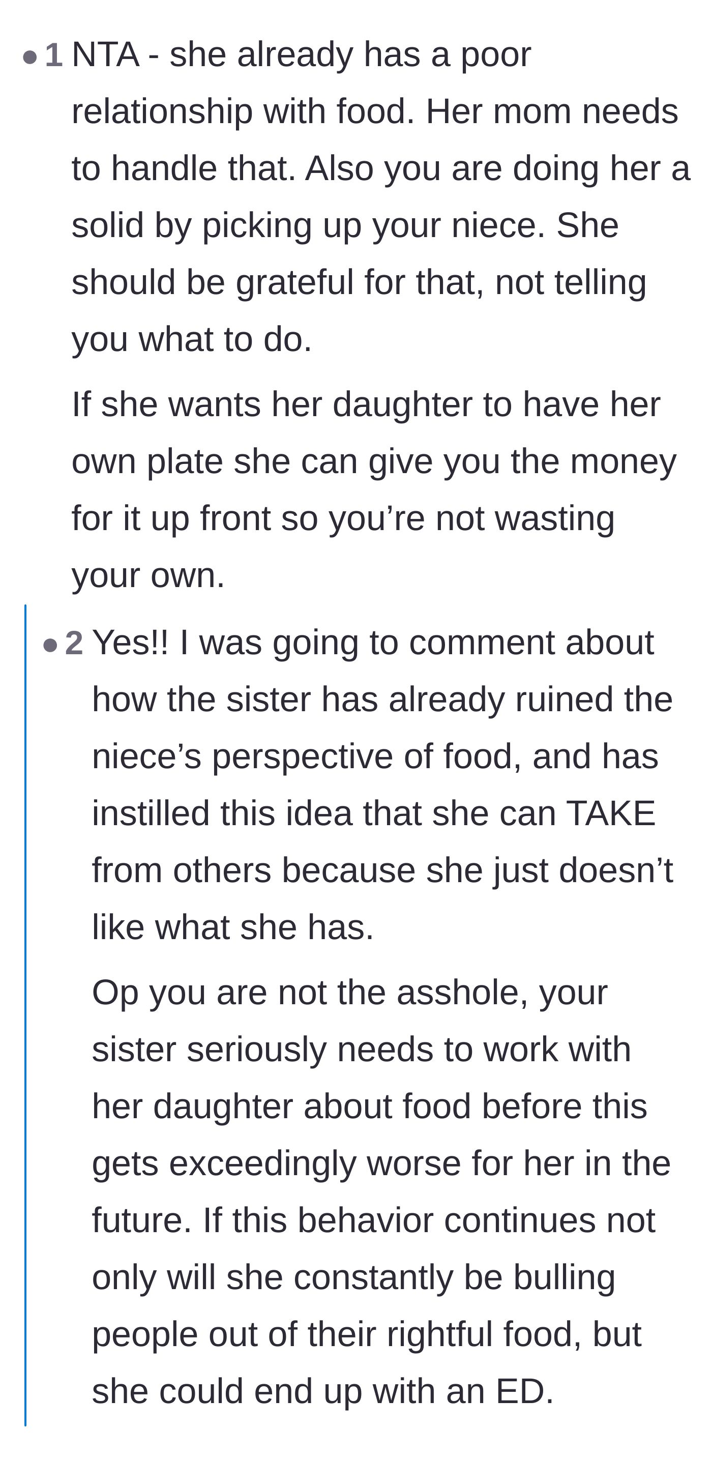 Comment thread 4 - Discussion about how the sister is actually the one instilling a toxic relationship with food by letting her daughter steal meals.