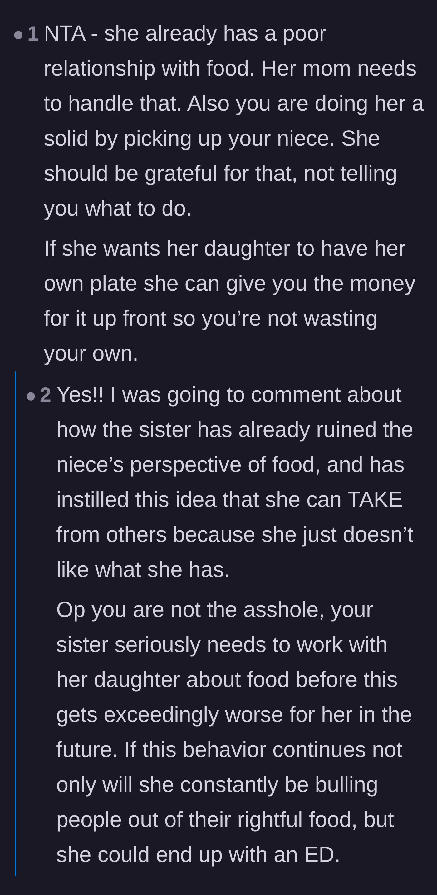 Comment thread 4 - Discussion about how the sister is actually the one instilling a toxic relationship with food by letting her daughter steal meals.