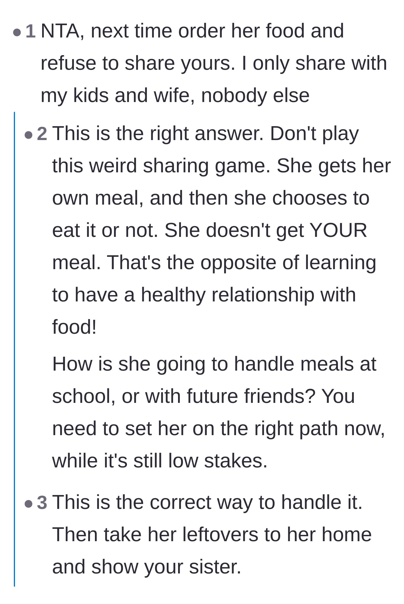 Comment thread 5 - Advice suggesting the uncle order the niece her own food but enforce a strict rule against sharing his own meal.