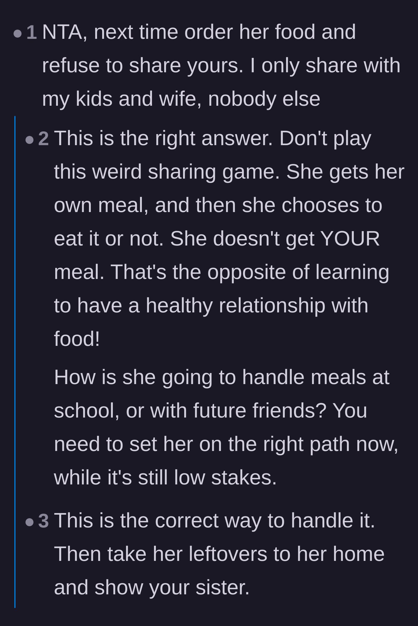 Comment thread 5 - Advice suggesting the uncle order the niece her own food but enforce a strict rule against sharing his own meal.