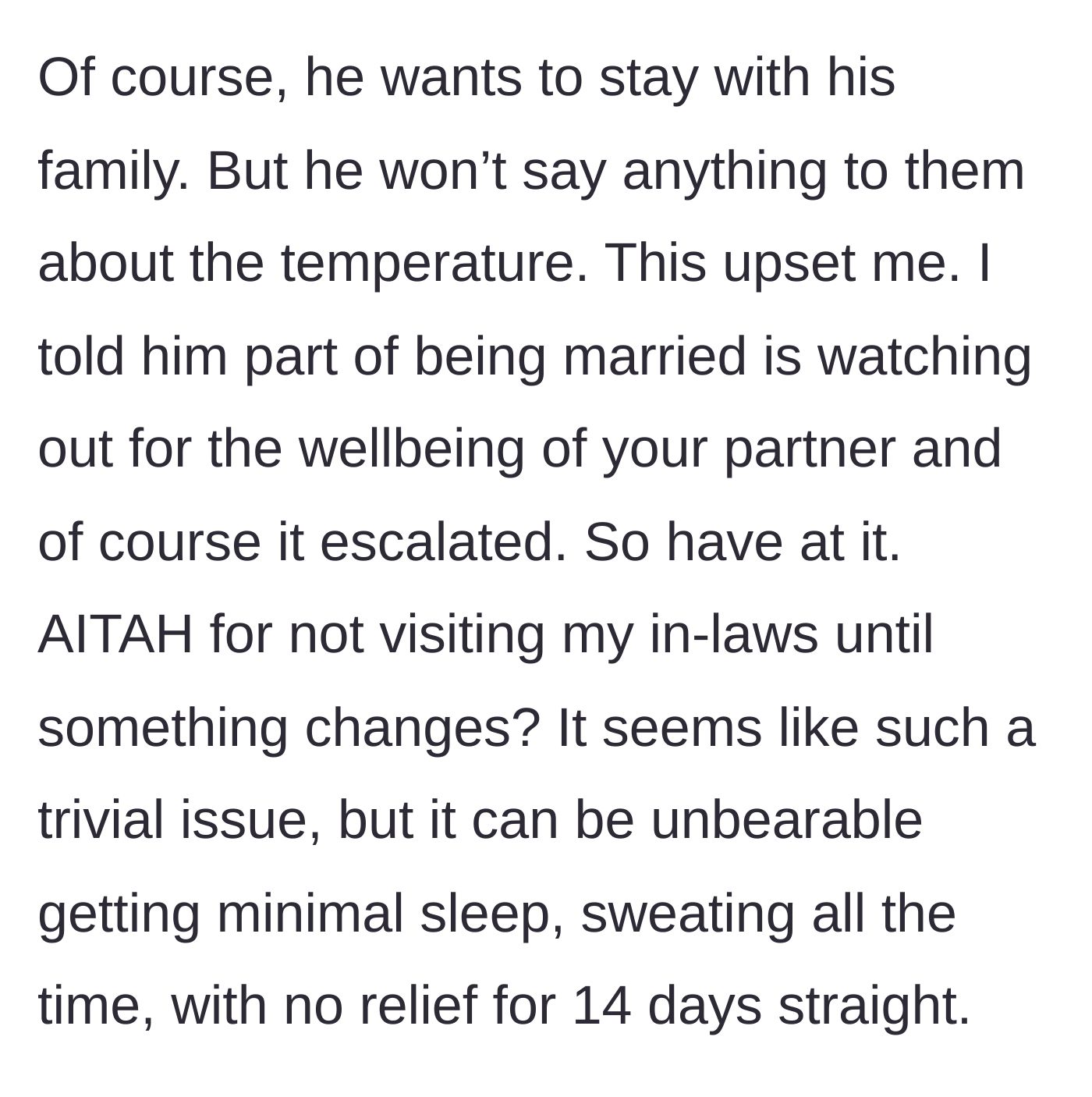 Story part 3 - The husband refuses to ask his parents to lower the AC, leading to an escalated argument about spousal support and well-being.