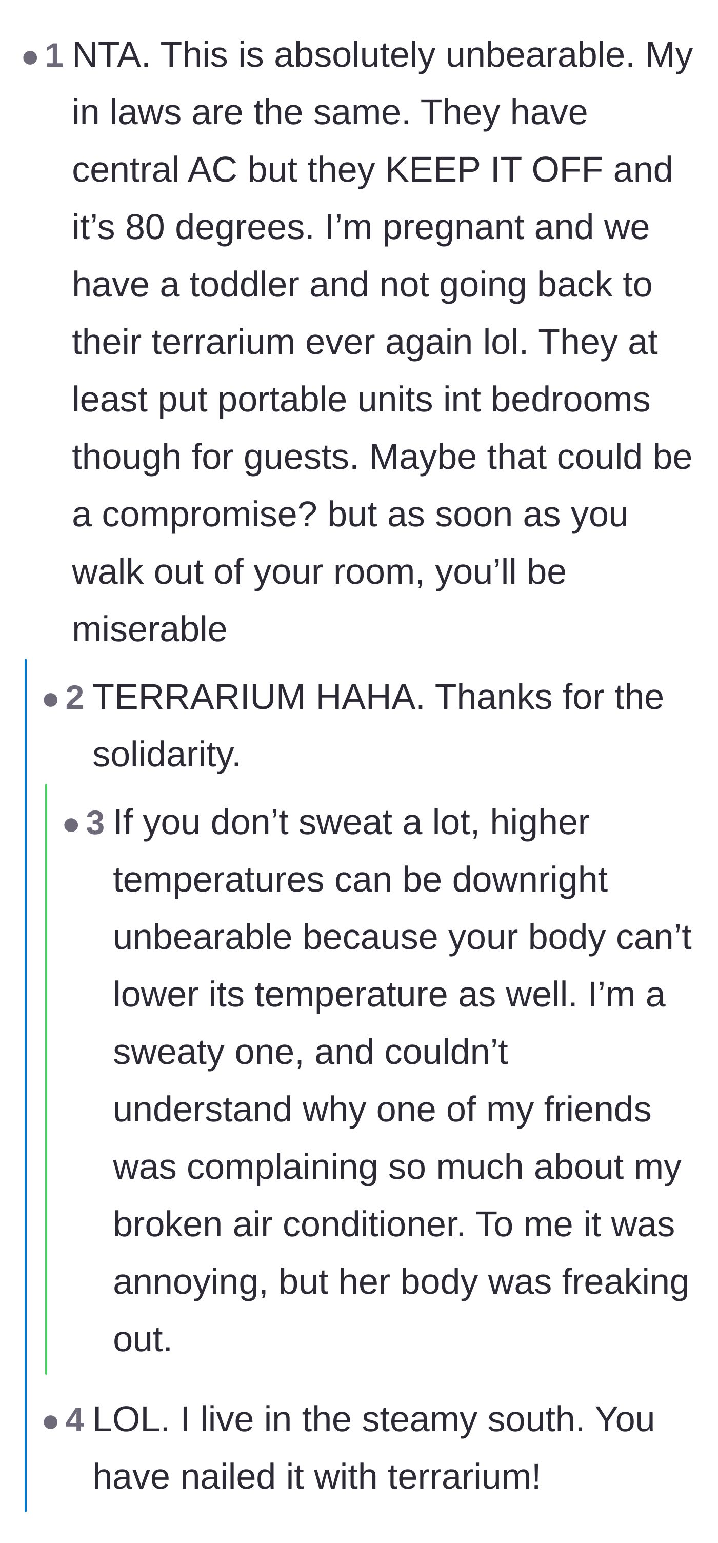 Comment thread 4 - A commenter hilariously compares the in-laws' 80-degree house to a terrarium, prompting solidarity from other sweaty readers.