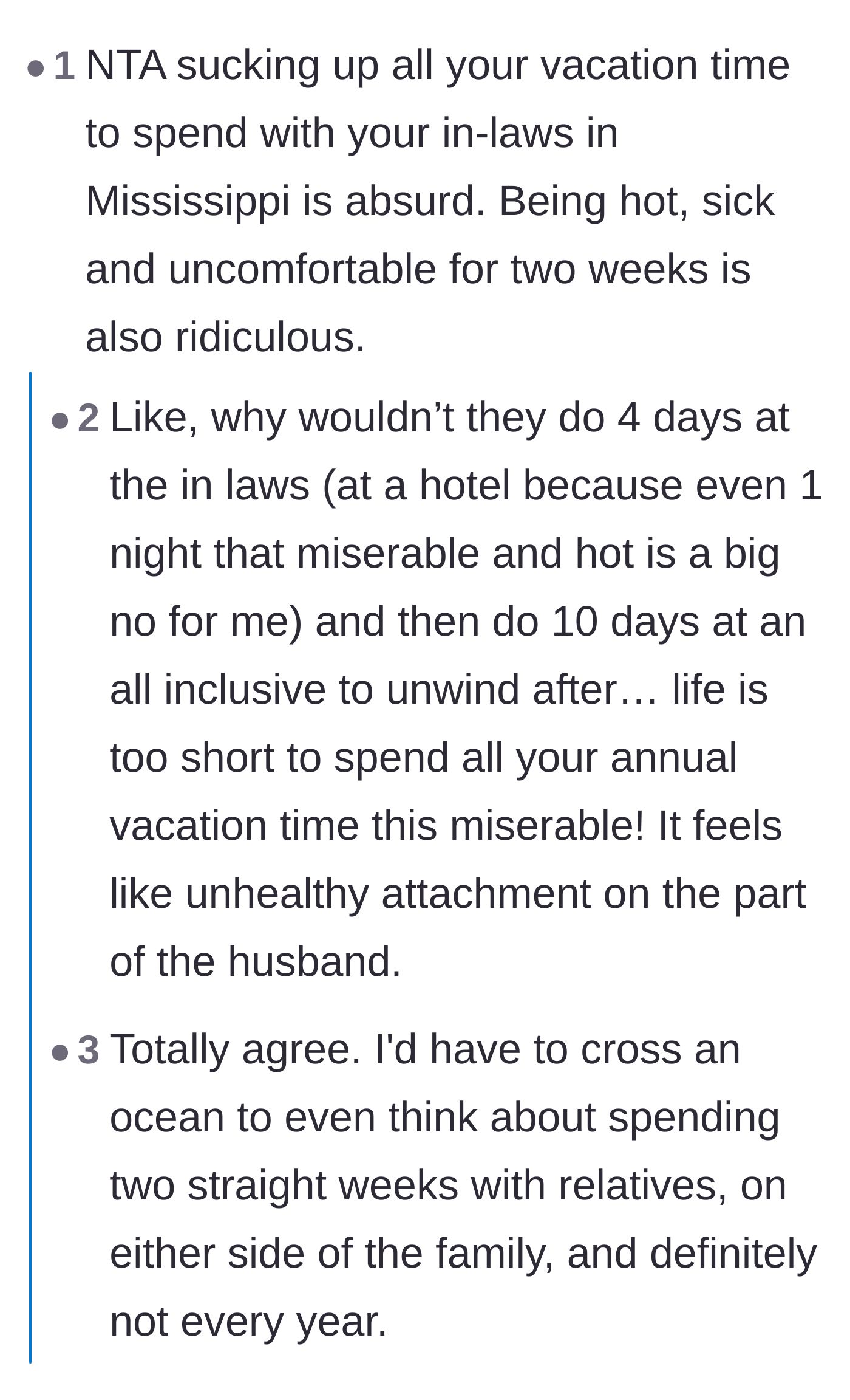 Comment thread 5 - A discussion about how giving up your entire two-week annual vacation to be miserable is an absurd expectation.