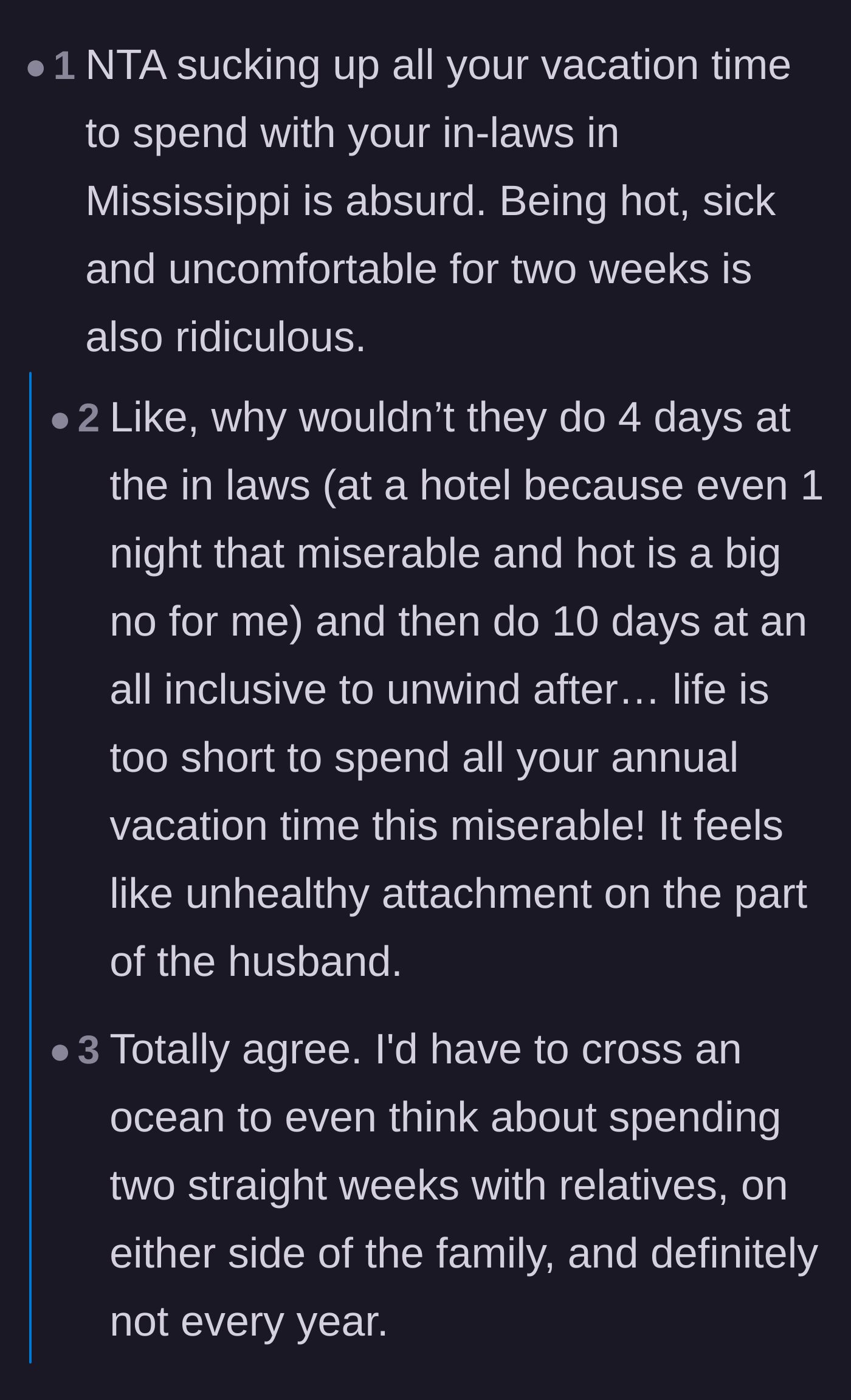 Comment thread 5 - A discussion about how giving up your entire two-week annual vacation to be miserable is an absurd expectation.