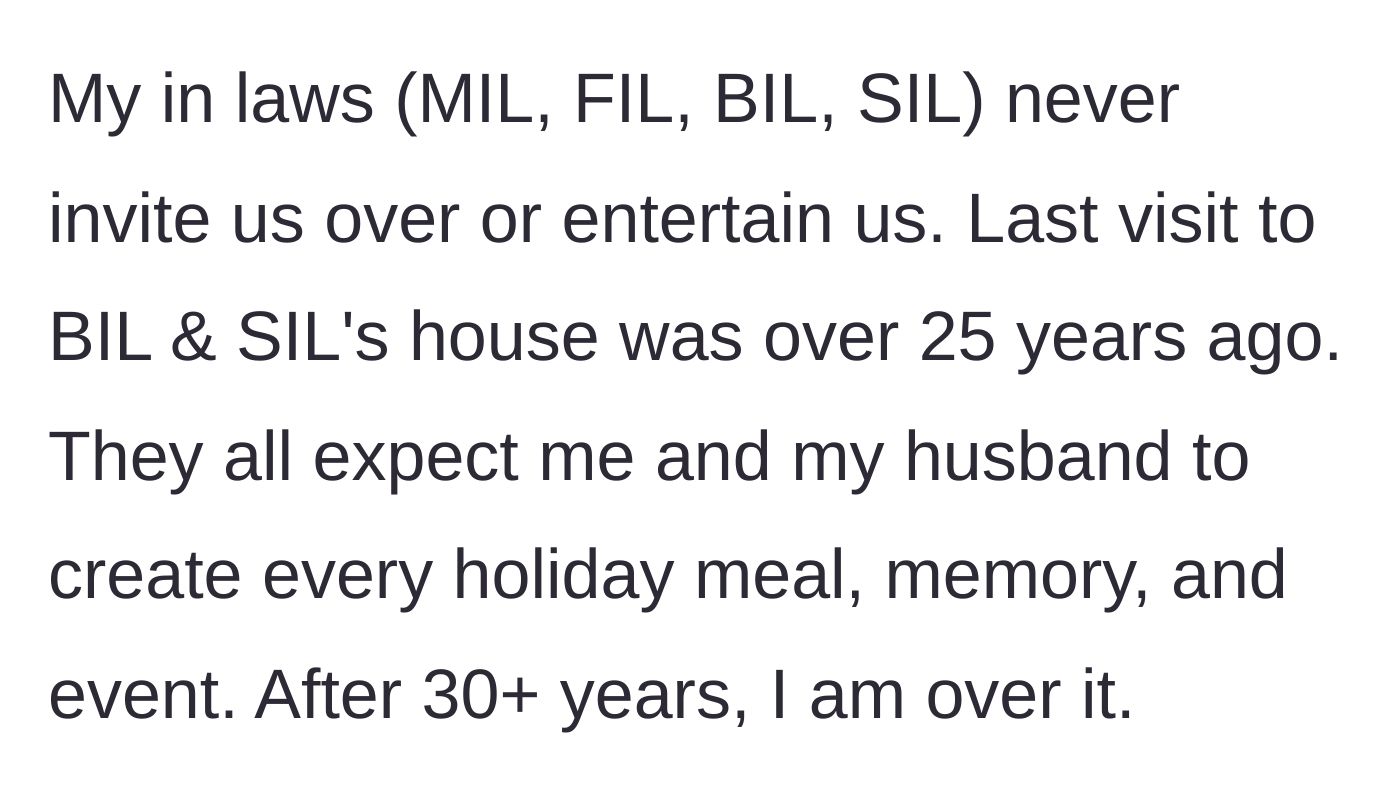 Story part 1 - Background of the in-laws never hosting for 25 years and expecting the author to do all the holiday work.