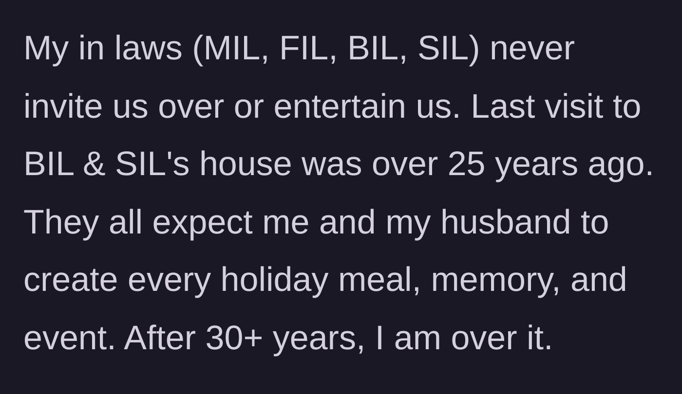 Story part 1 - Background of the in-laws never hosting for 25 years and expecting the author to do all the holiday work.
