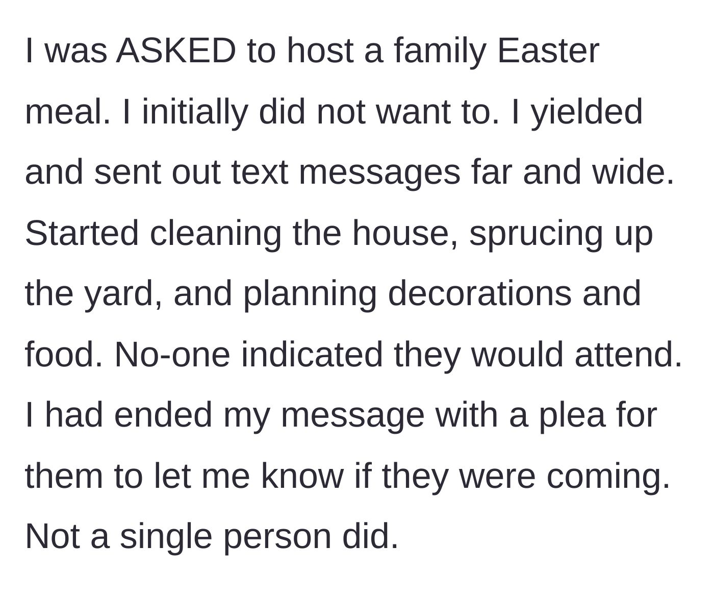 Story part 2 - The author preps for the requested Easter meal but receives zero replies to her text invitations.