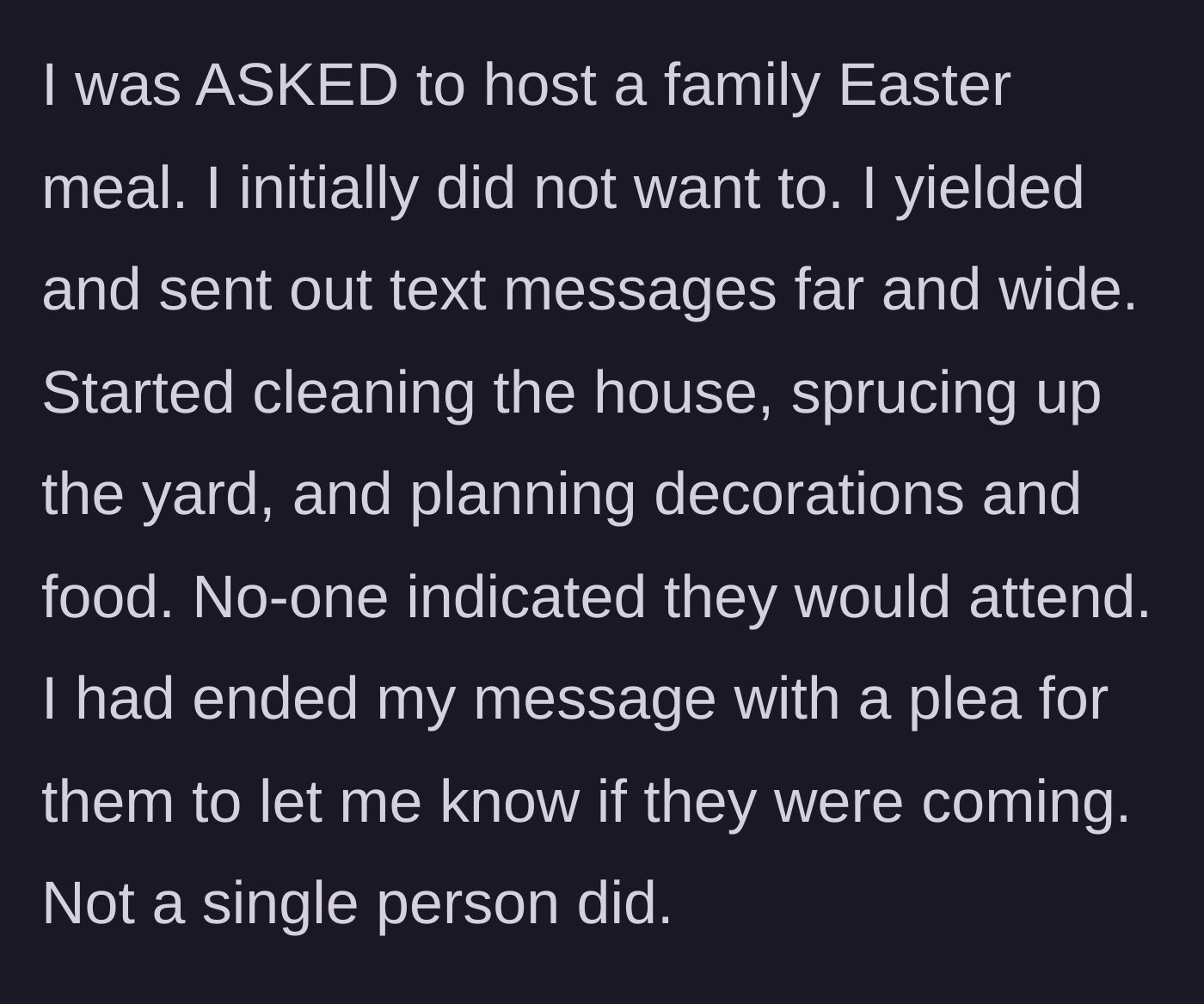 Story part 2 - The author preps for the requested Easter meal but receives zero replies to her text invitations.
