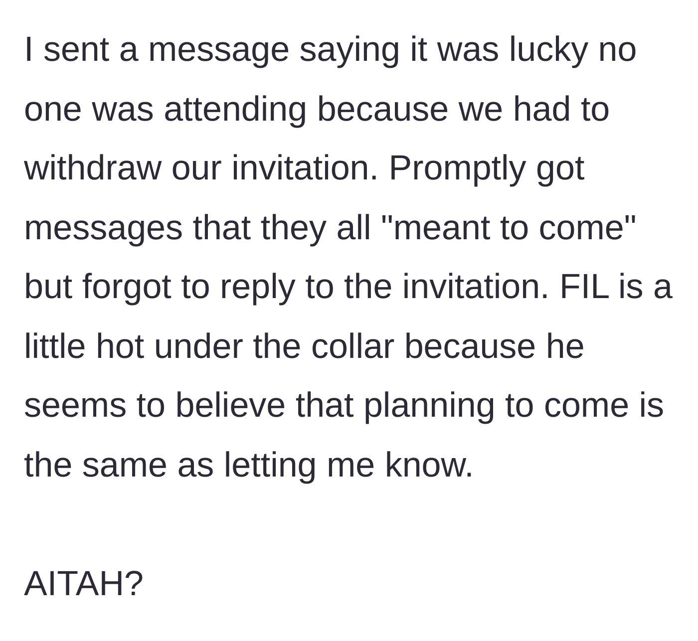 Story part 4 - Author cancels the event, prompting sudden replies and anger from the father-in-law.