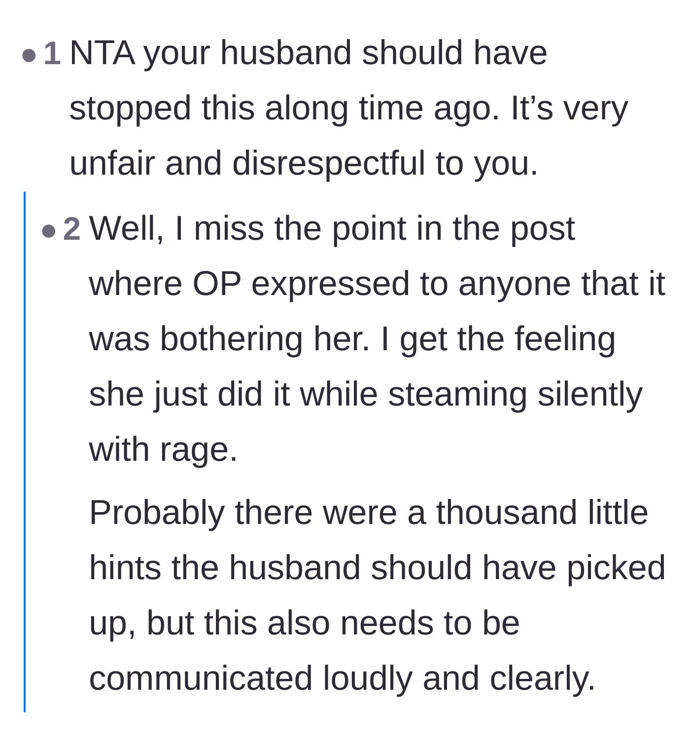 Comment thread 3 - A debate about whether the husband is to blame and if the author communicated her anger clearly.