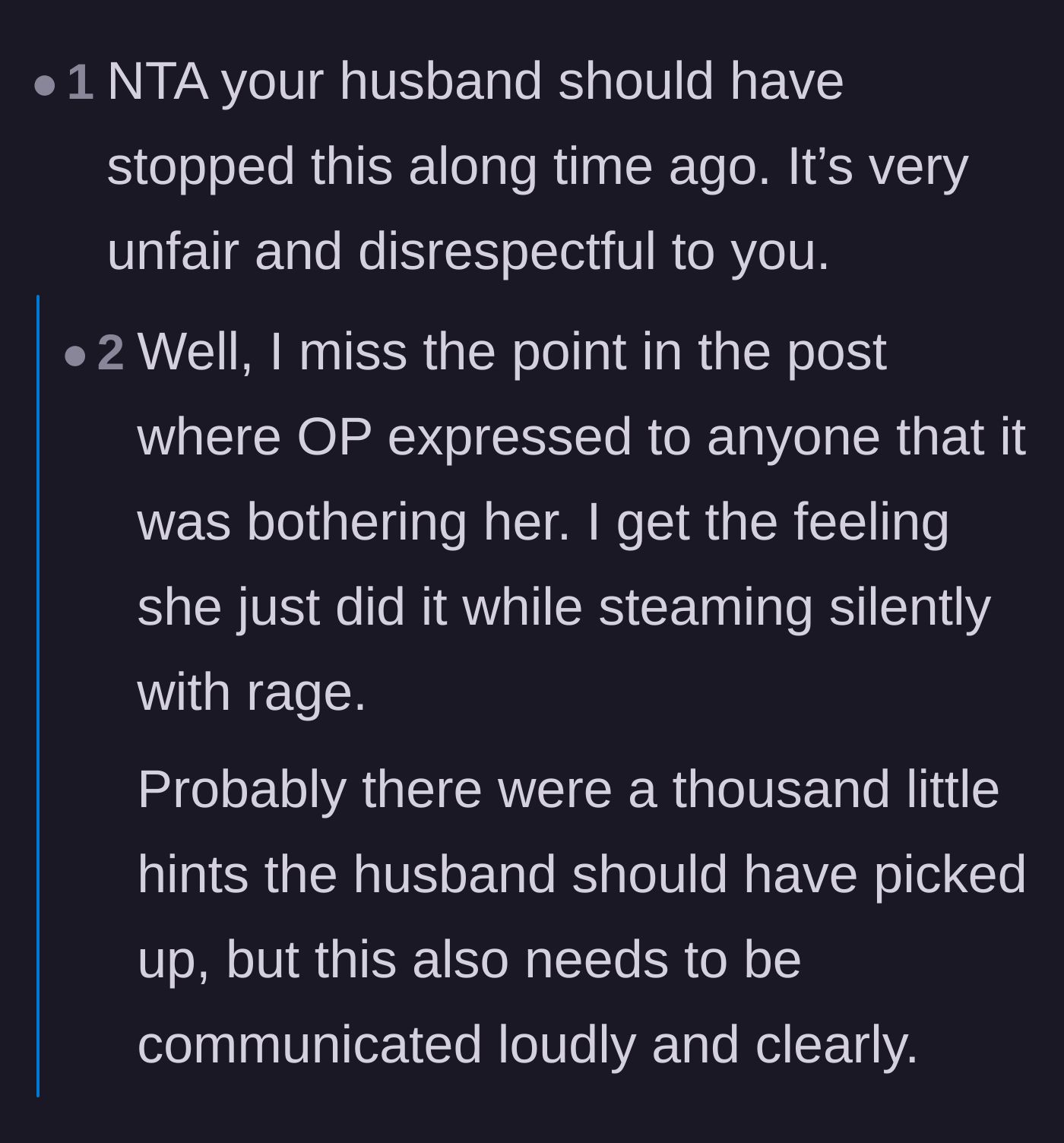 Comment thread 3 - A debate about whether the husband is to blame and if the author communicated her anger clearly.