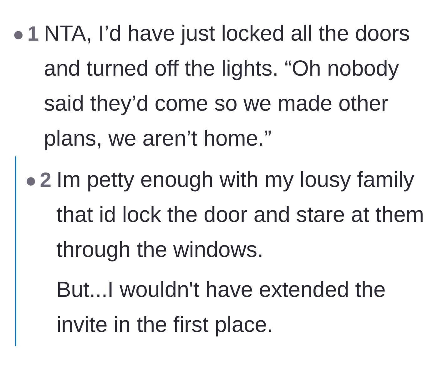 Comment thread 4 - People sharing their hilarious fantasies of locking the family out and staring at them through the windows.