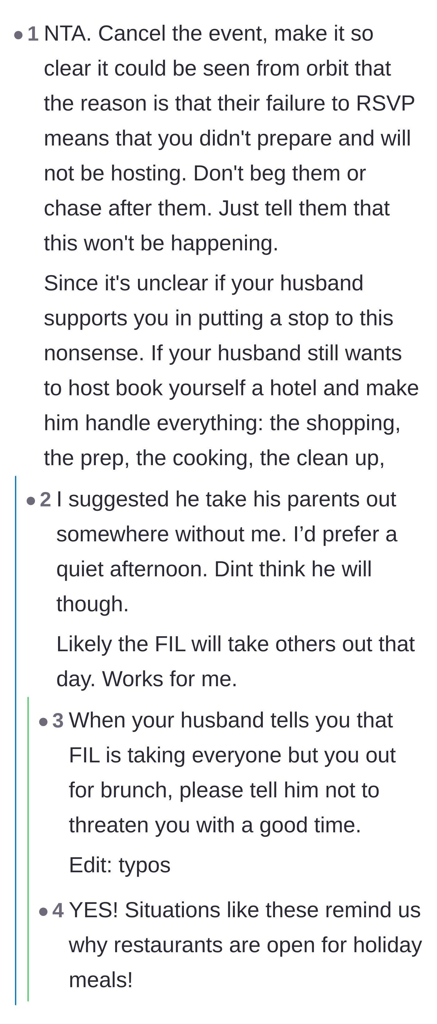Comment thread 5 - The author revealing her father-in-law might take the rest of the family out to eat instead.