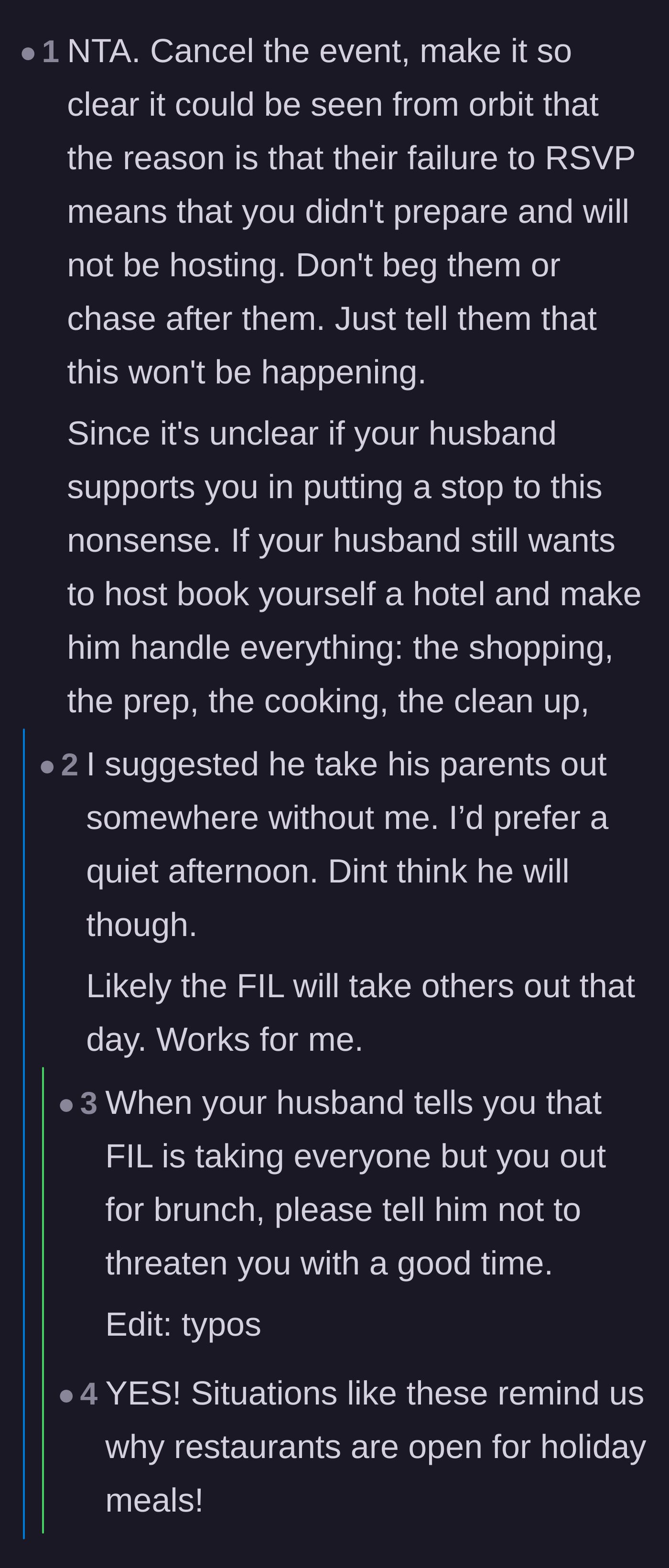 Comment thread 5 - The author revealing her father-in-law might take the rest of the family out to eat instead.