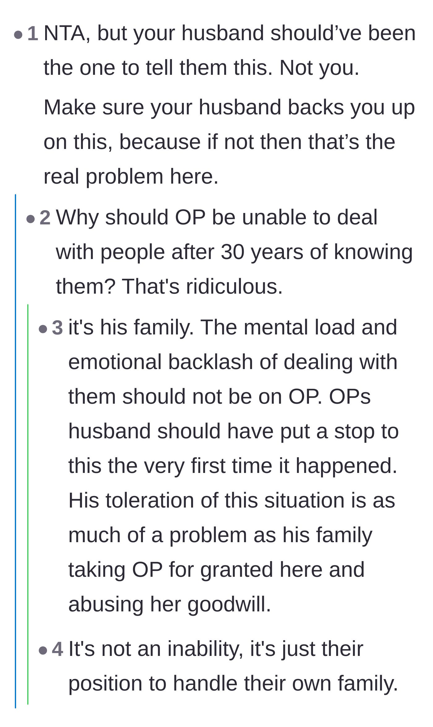 Comment thread 6 - A fierce debate over whether a spouse should fight their own family or if the author should handle it herself after knowing them for decades.