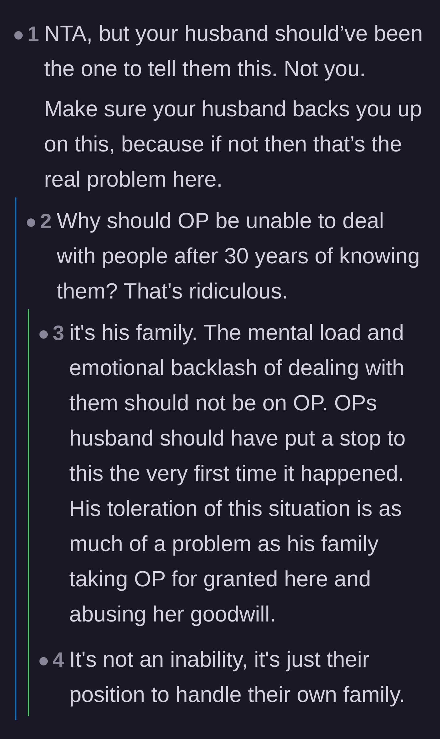 Comment thread 6 - A fierce debate over whether a spouse should fight their own family or if the author should handle it herself after knowing them for decades.