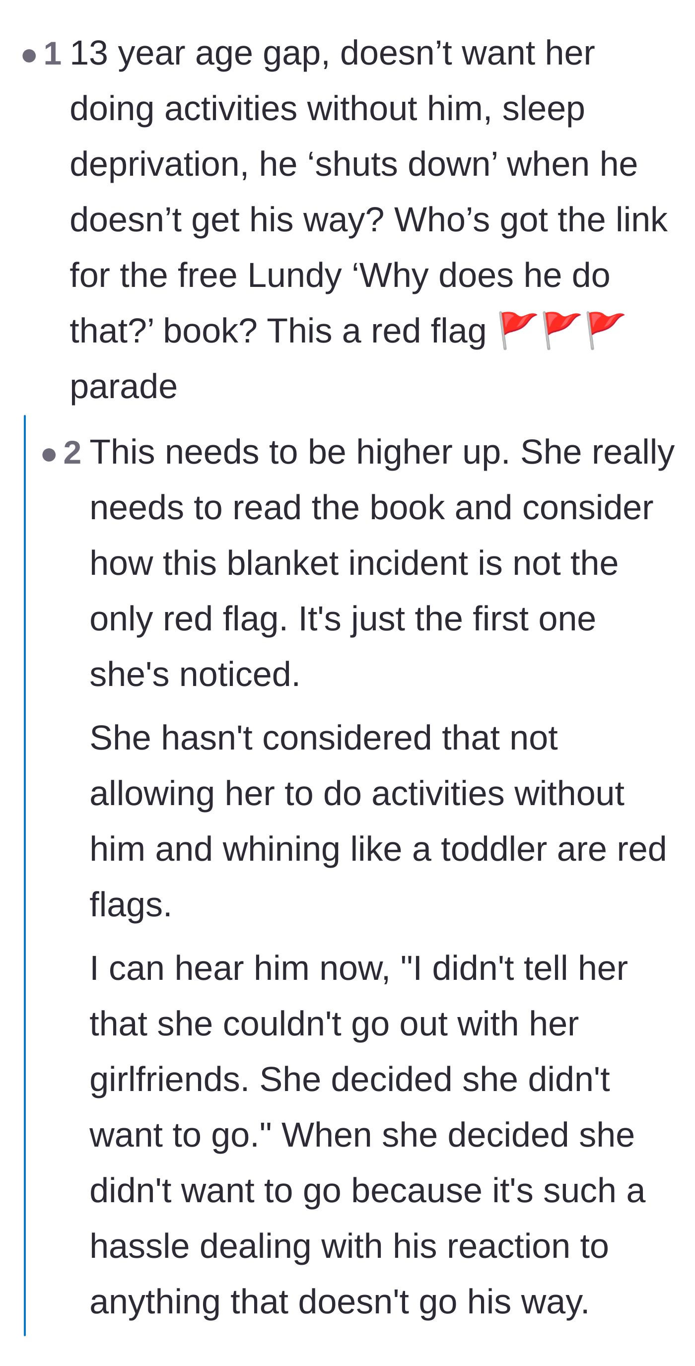 Comment thread 1 - Readers point out the concerning 13-year age gap and recommend a famous book on identifying abusive, controlling partners.