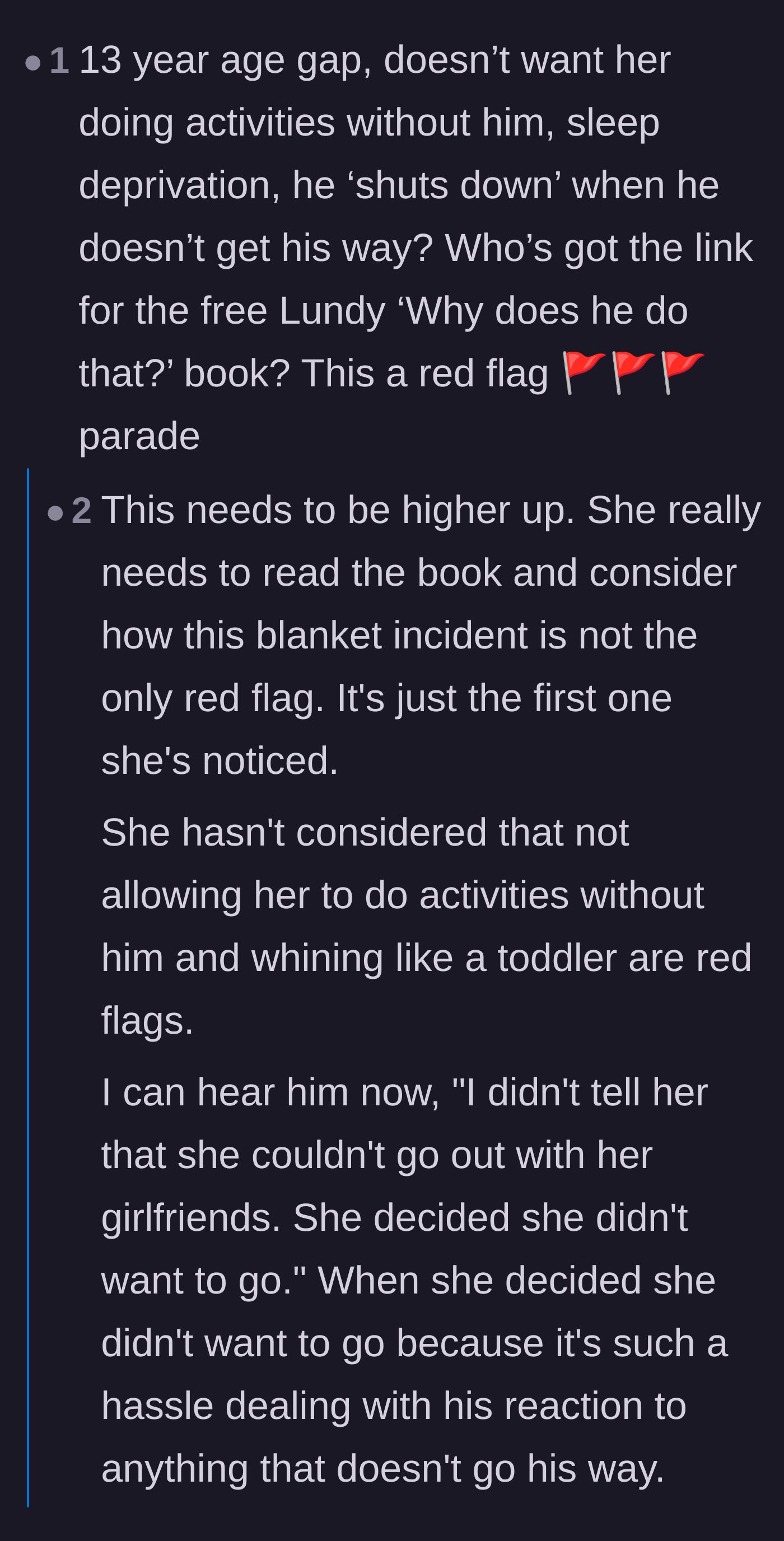 Comment thread 1 - Readers point out the concerning 13-year age gap and recommend a famous book on identifying abusive, controlling partners.
