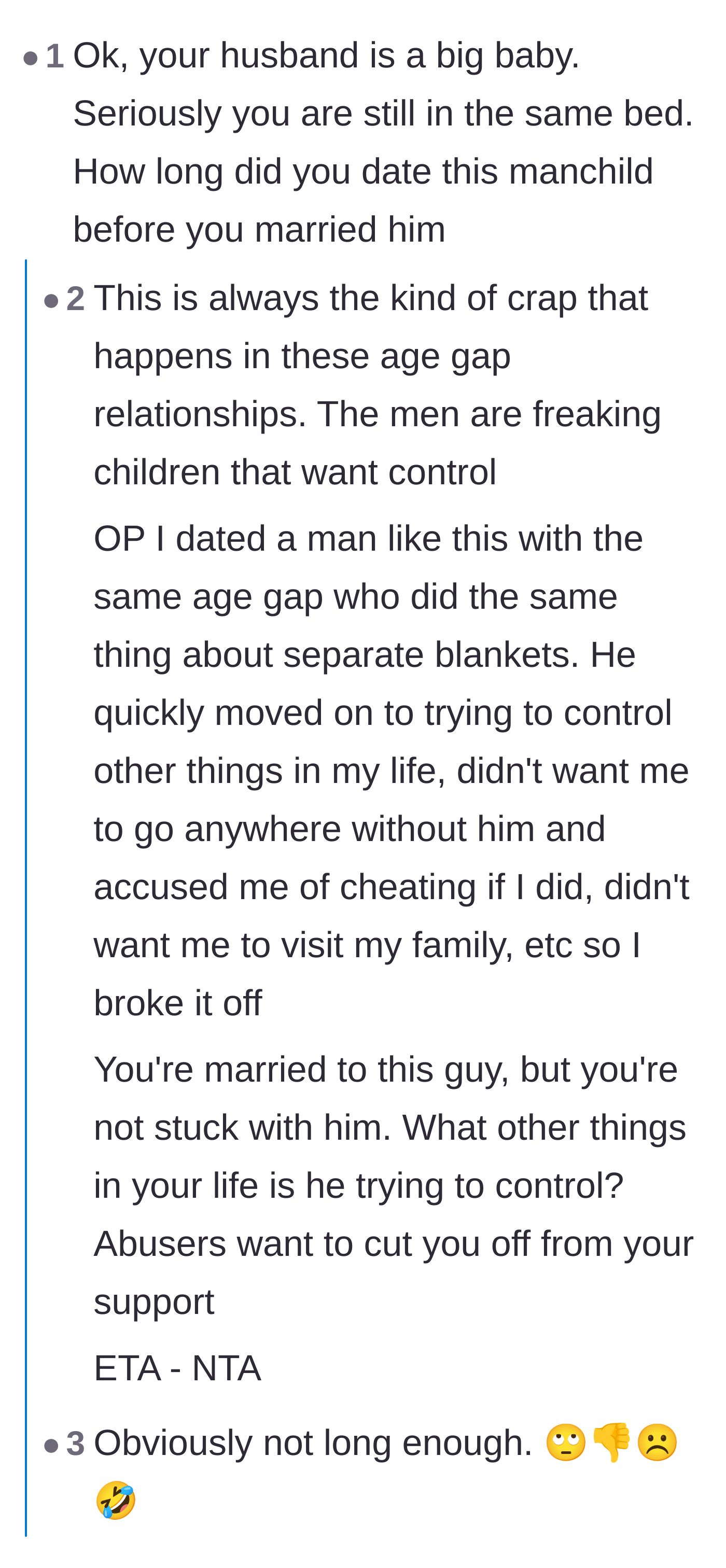 Comment thread 2 - Commenters discuss how separate blankets are common in Scandinavia and call out the husband for weaponizing his insecurities.