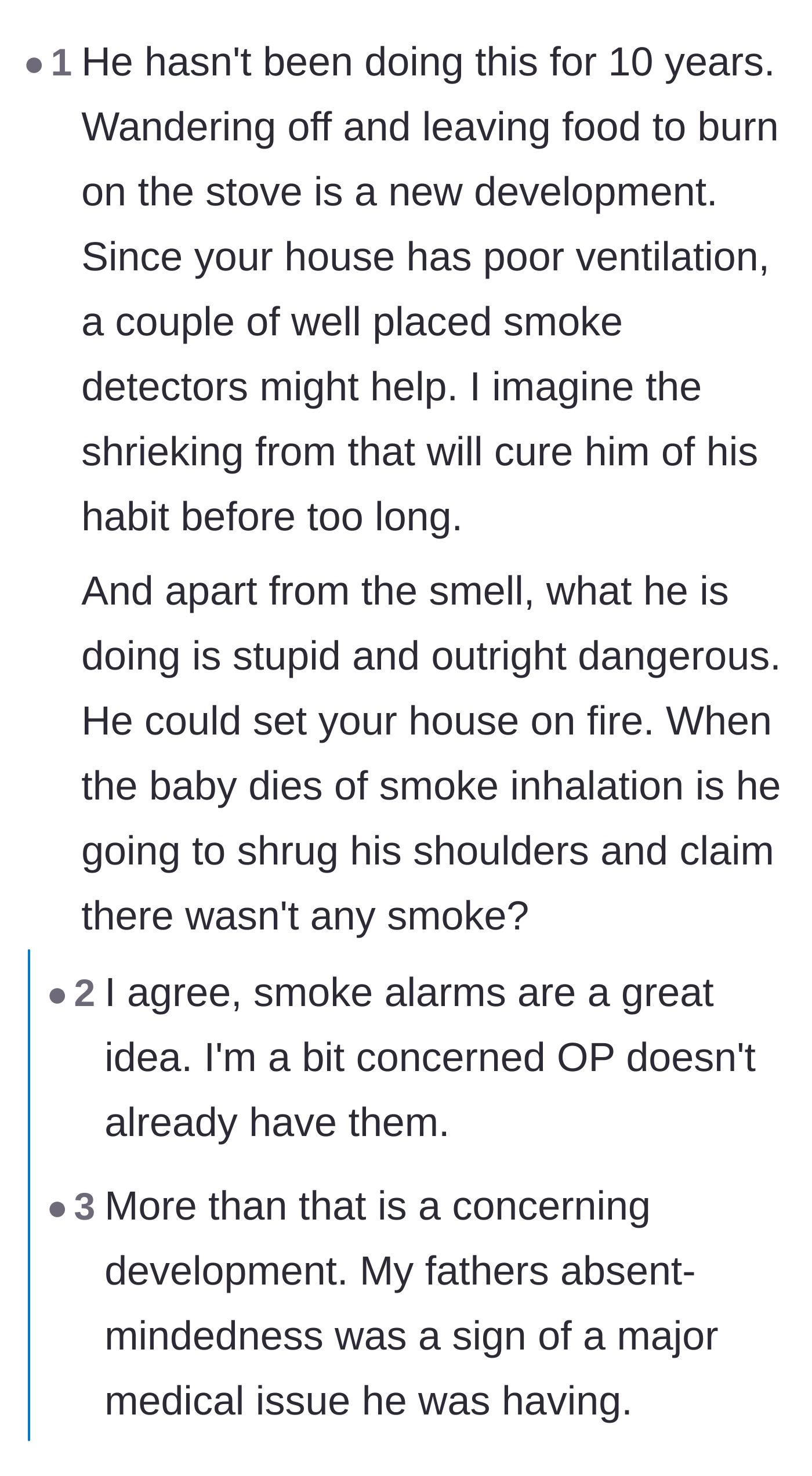 Comment thread 3 - A debate over why the kitchen fire alarms haven't triggered, revealing the difference between heat and smoke detectors.