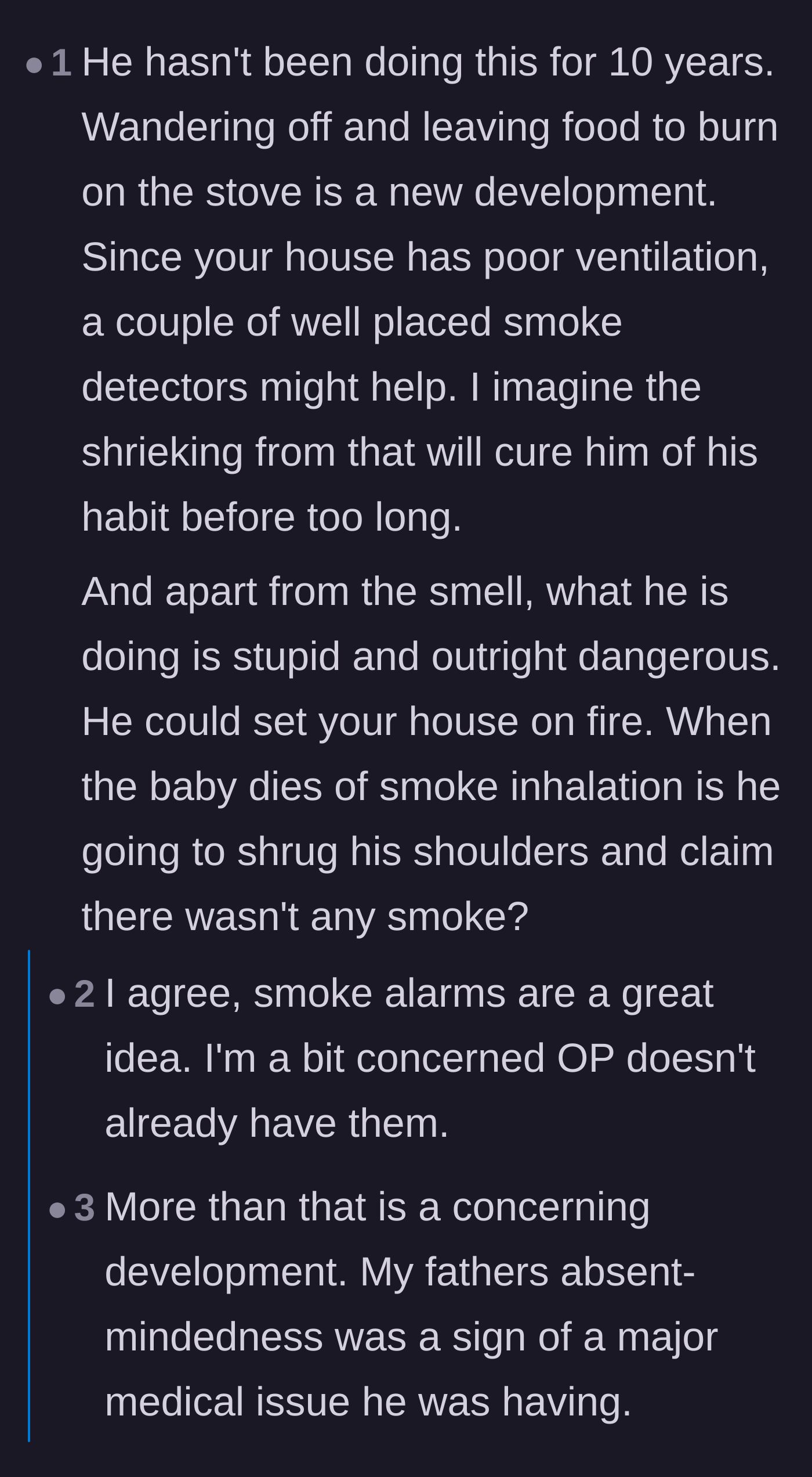 Comment thread 3 - A debate over why the kitchen fire alarms haven't triggered, revealing the difference between heat and smoke detectors.