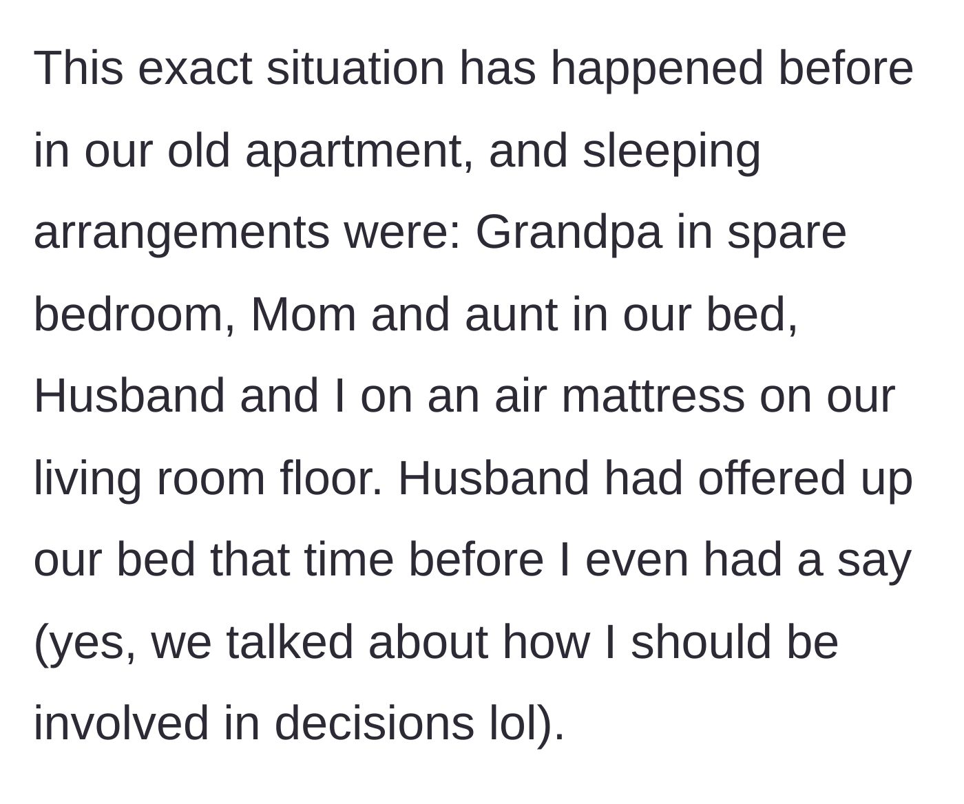 Story part 2 - Flashback to a previous visit where the husband gave away their marital bed to the mother and aunt, forcing the couple onto an air mattress.