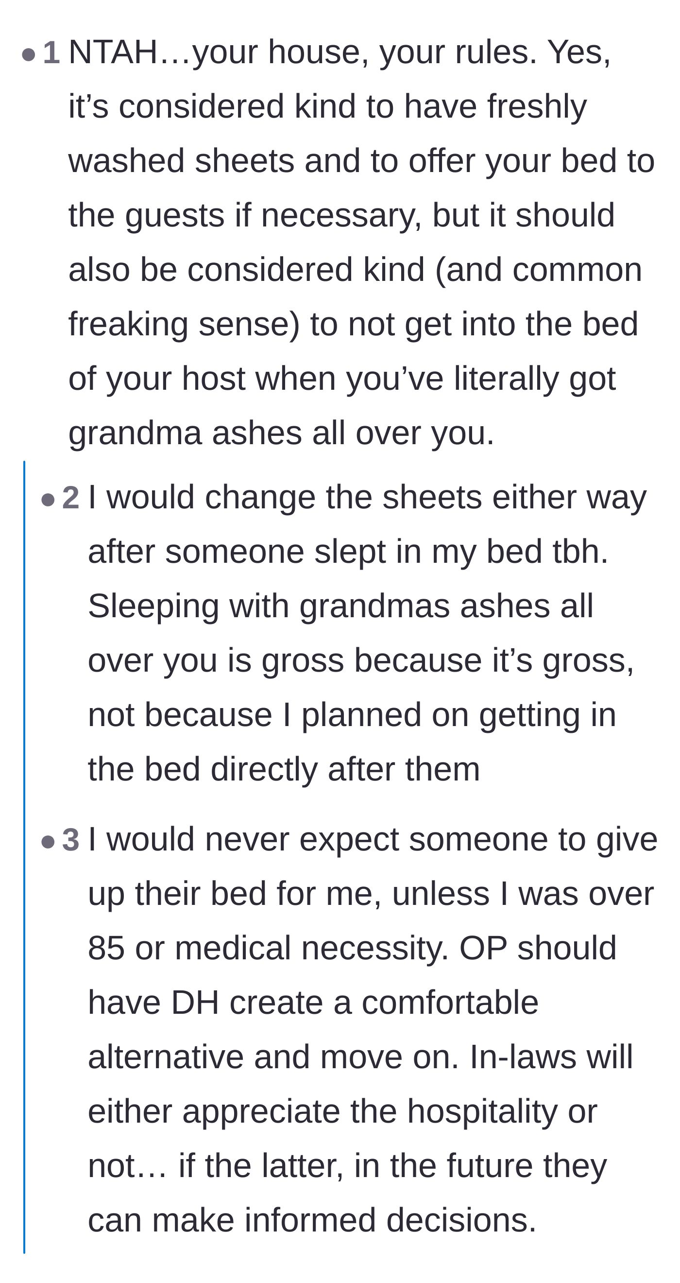 Comment thread 1 - A discussion on the absurdity of guests climbing into a clean bed covered in cremated ashes.