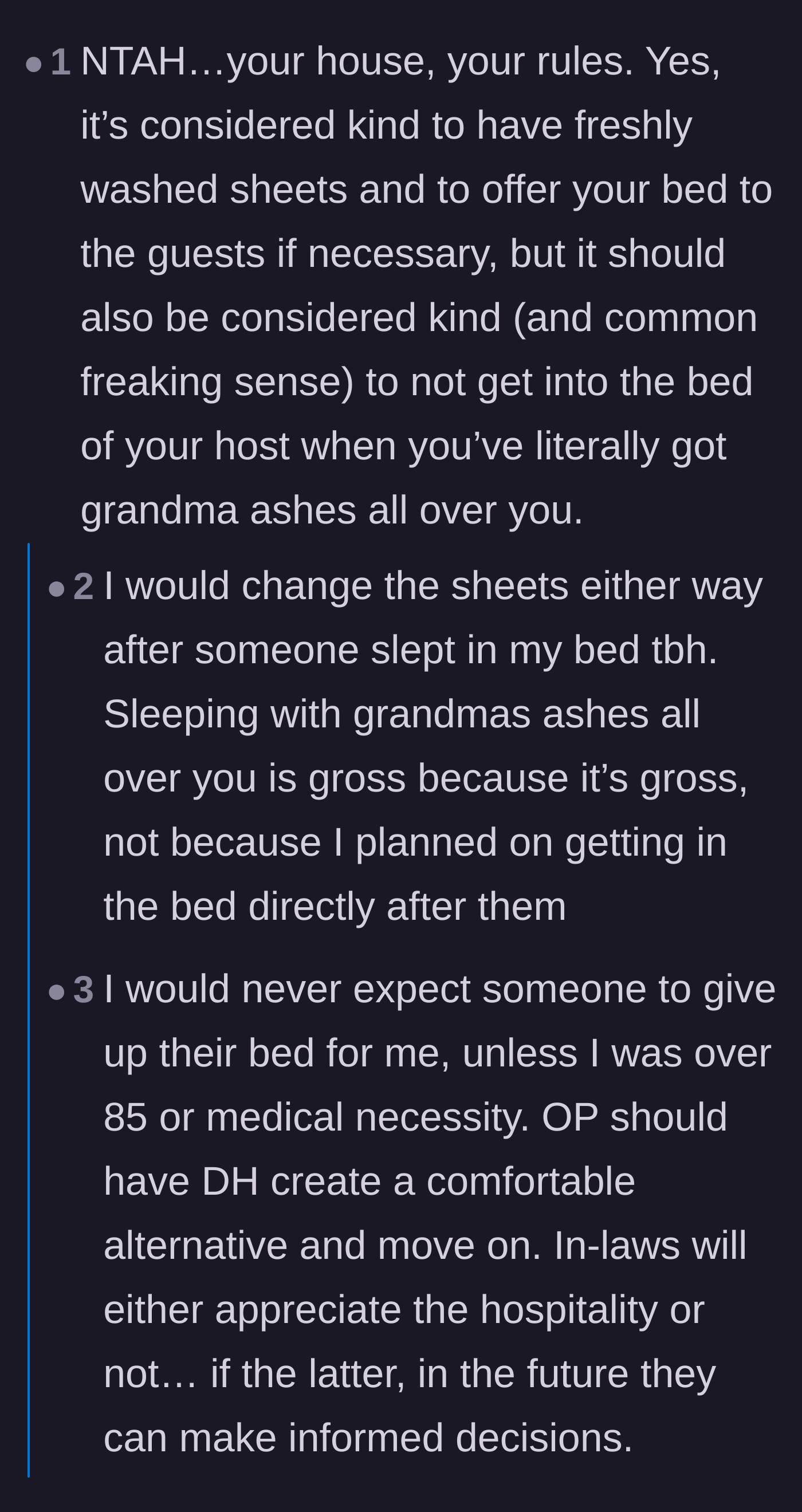Comment thread 1 - A discussion on the absurdity of guests climbing into a clean bed covered in cremated ashes.