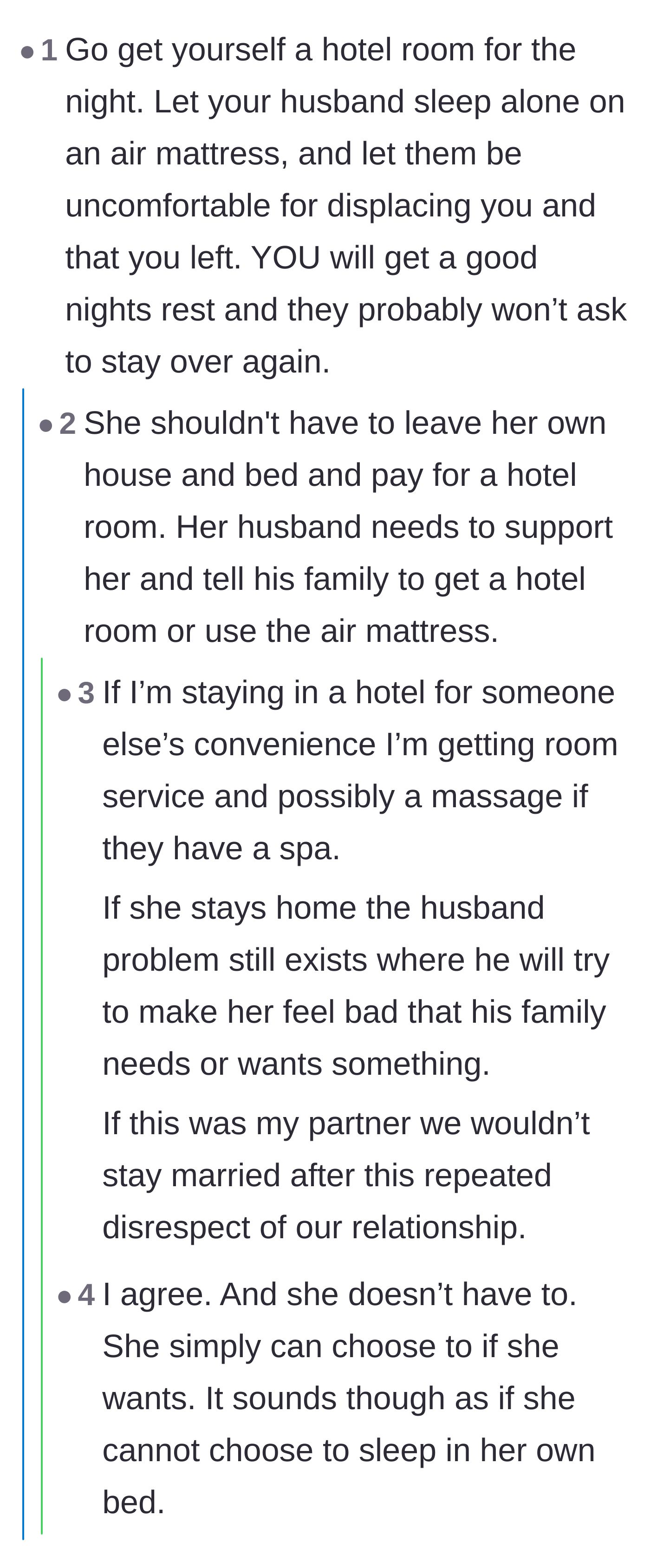 Comment thread 4 - A debate over whether the wife should treat herself to a hotel or stand her ground in her own home.
