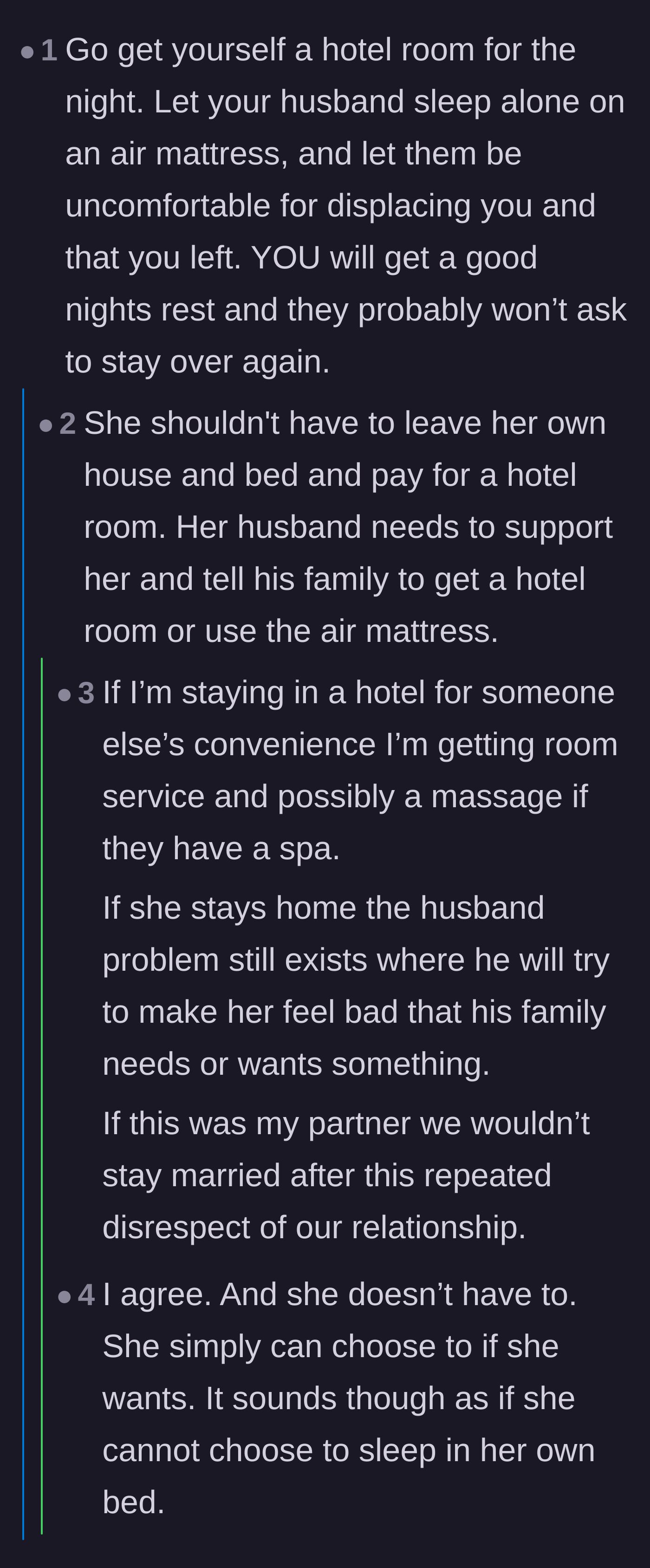 Comment thread 4 - A debate over whether the wife should treat herself to a hotel or stand her ground in her own home.