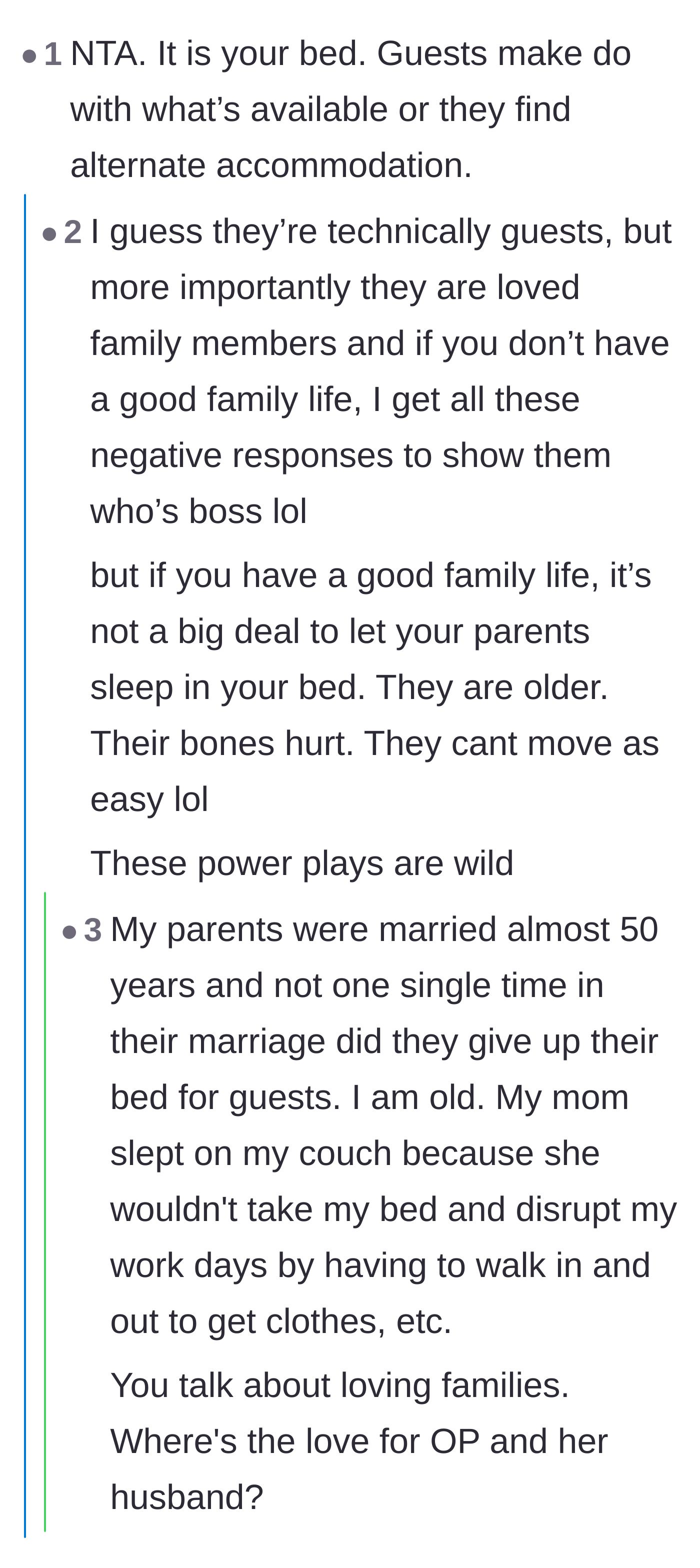 Comment thread 5 - Pushback against a commenter who claimed that loving families always give up their beds for elders.