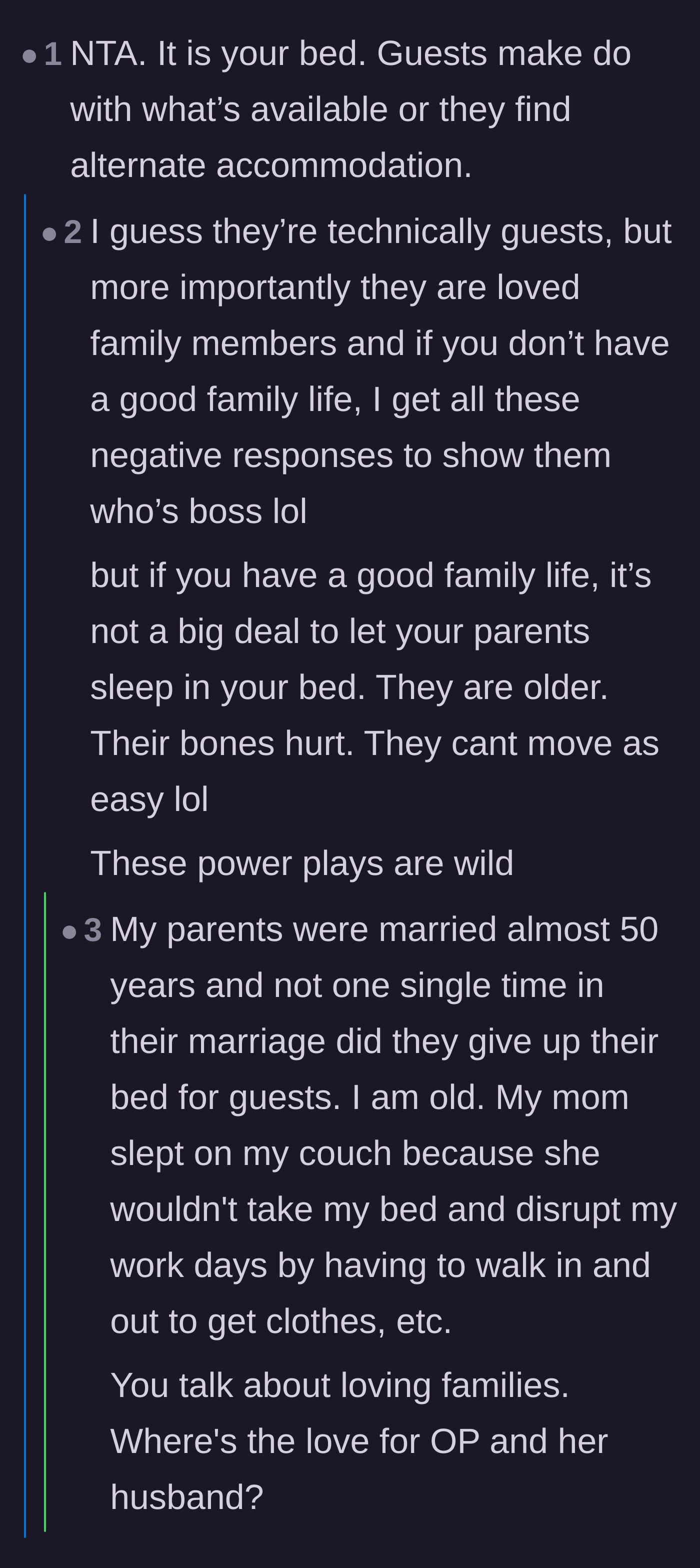 Comment thread 5 - Pushback against a commenter who claimed that loving families always give up their beds for elders.
