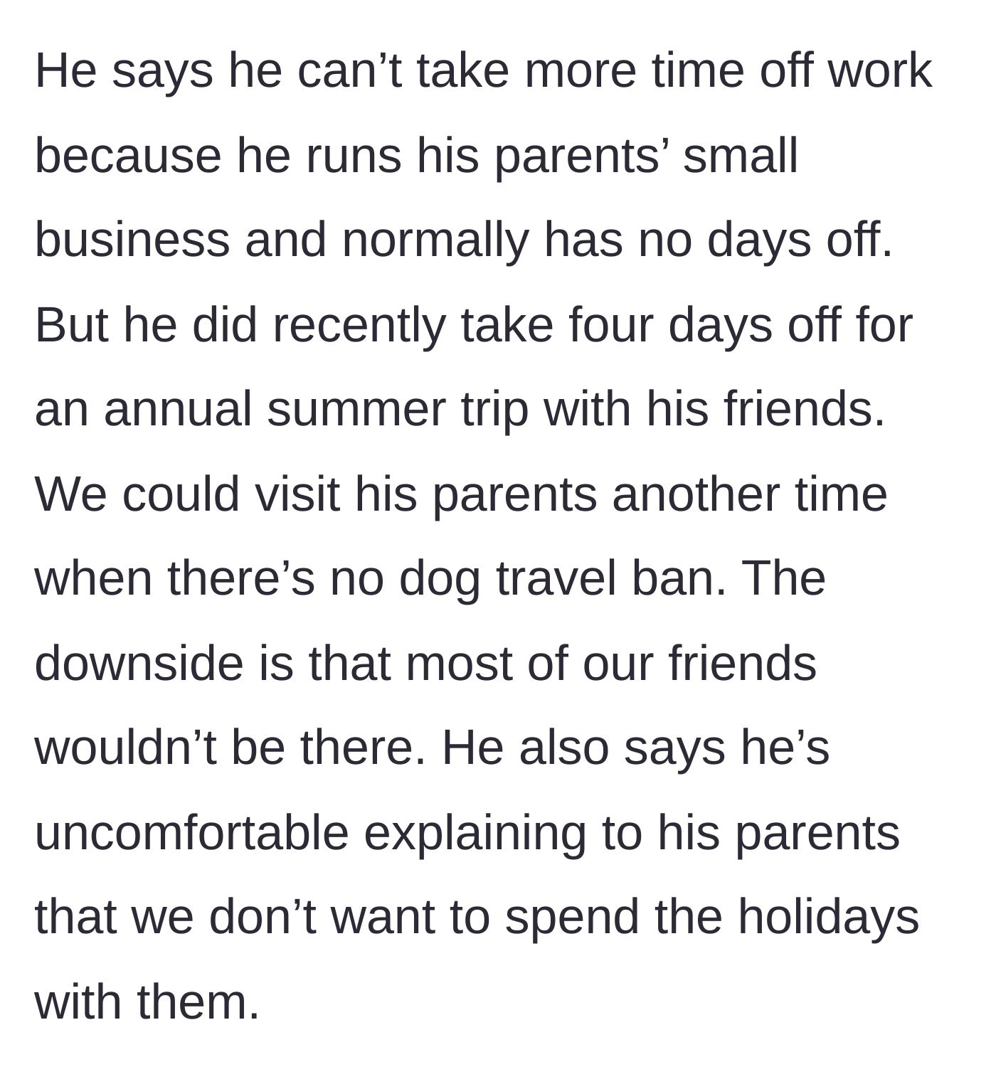 Story part 4 - The husband's contradictory excuses about work time off and his refusal to explain the situation to his parents.