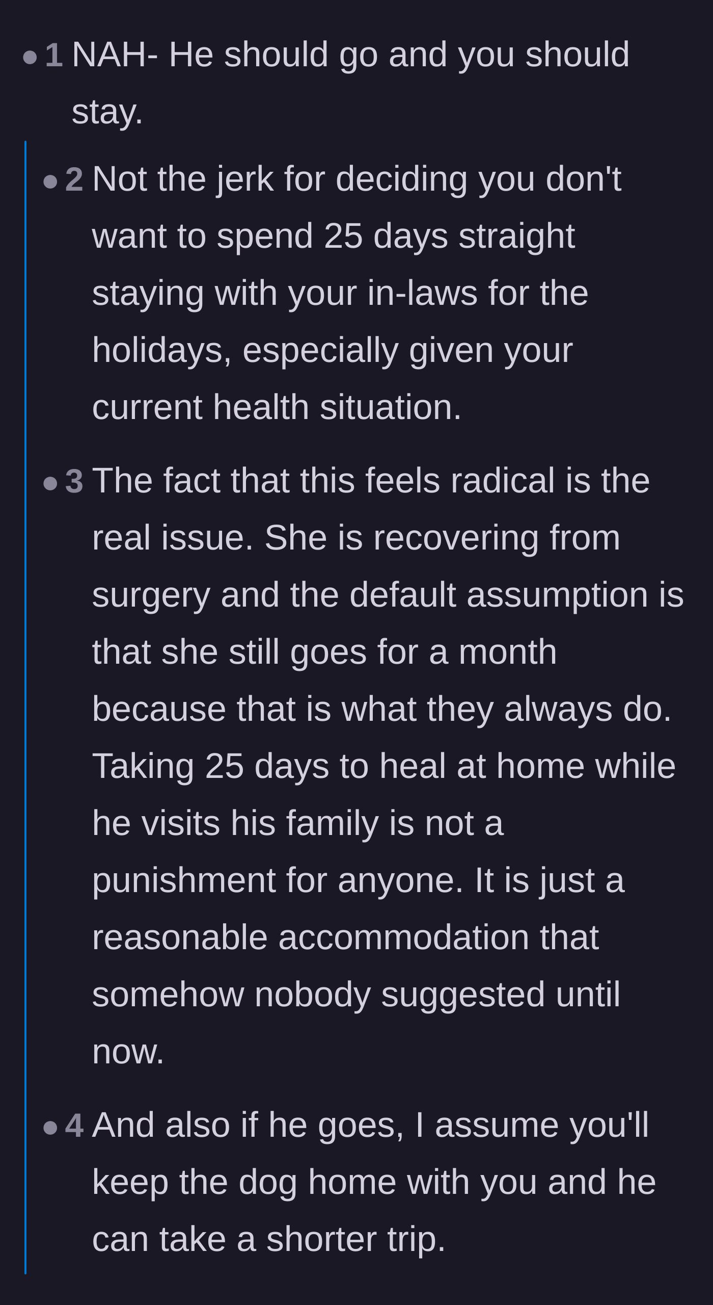 Comment thread 1 - Discussing the obvious solution of the husband going alone while the wife recovers at home.