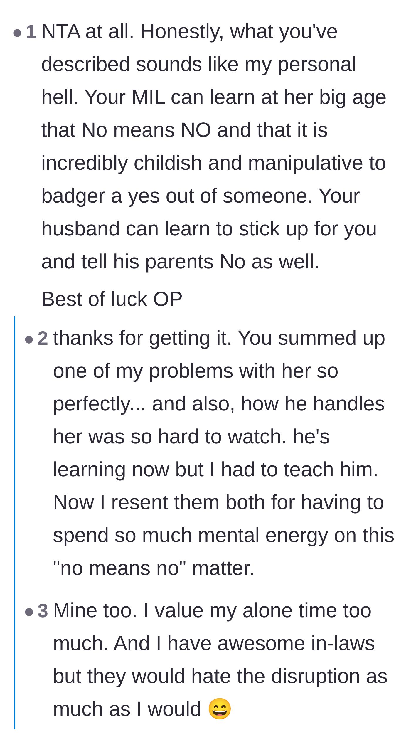 Comment thread 3 - Commiserating over the exhausting mental load of teaching a husband to set boundaries with his mother.