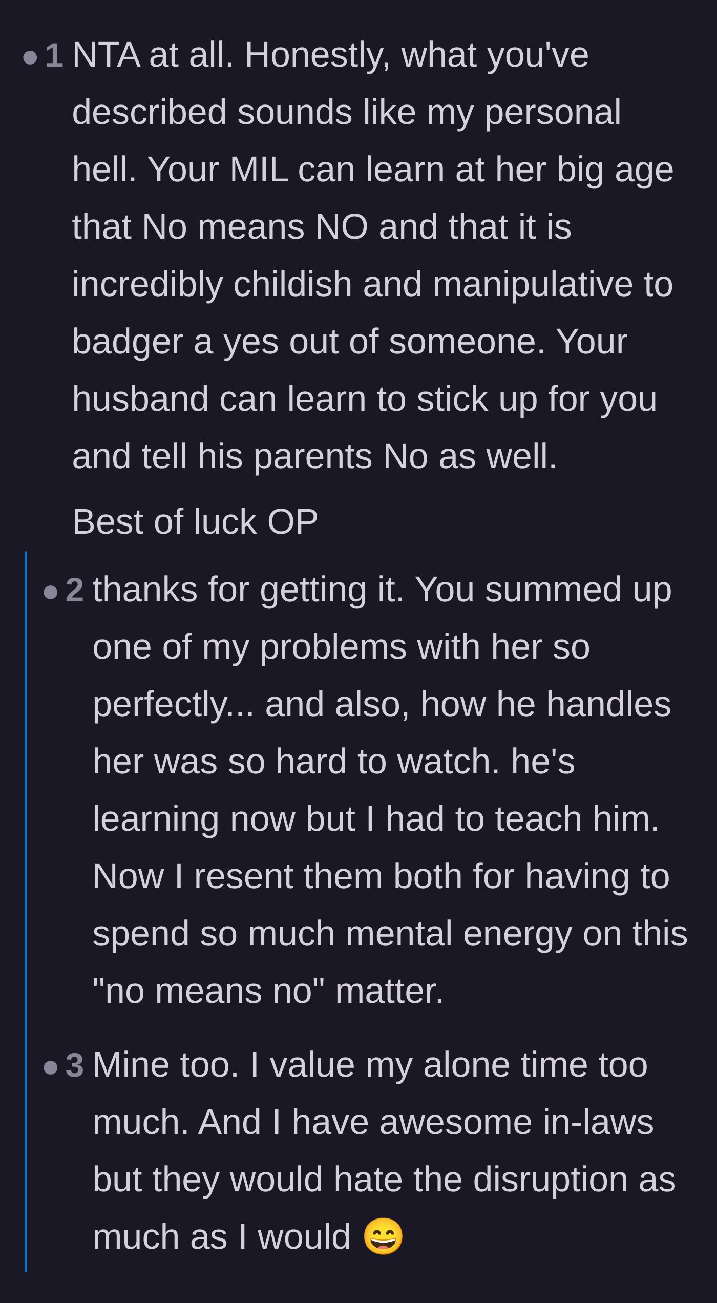 Comment thread 3 - Commiserating over the exhausting mental load of teaching a husband to set boundaries with his mother.