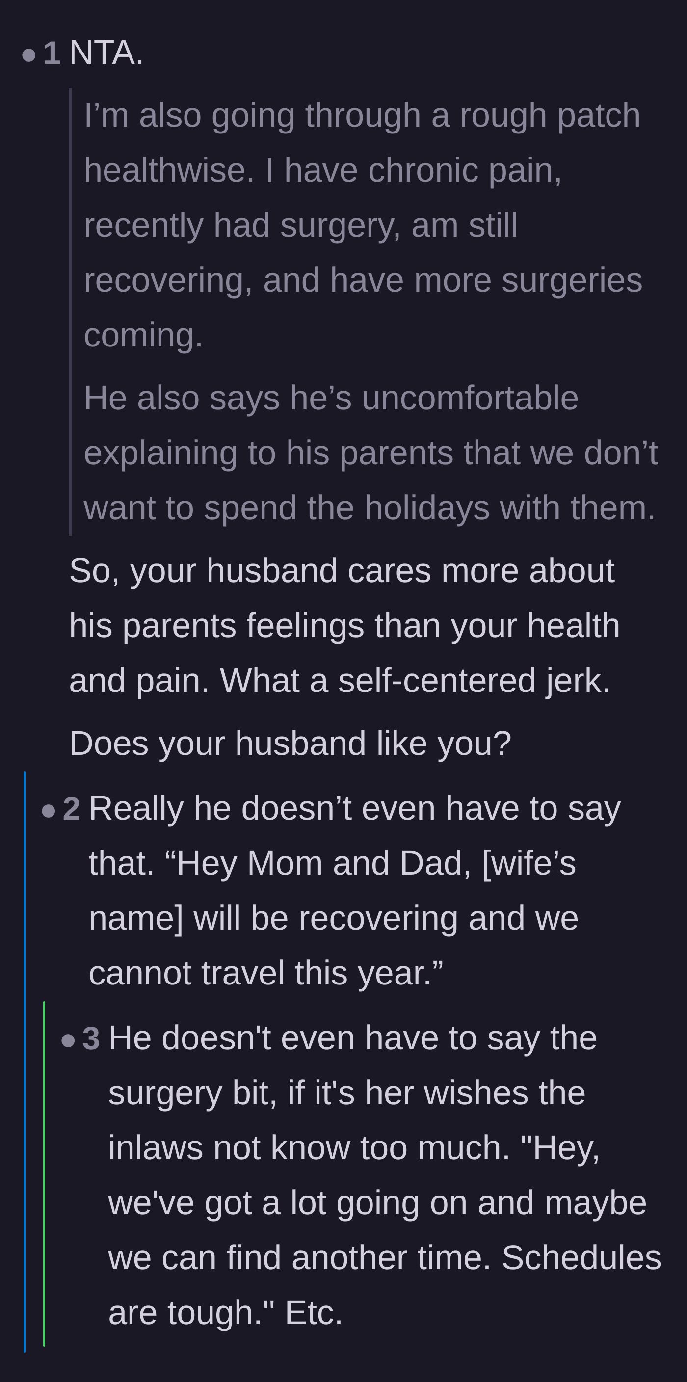 Comment thread 4 - Questioning if the husband actually likes his wife since he prioritizes his parents' comfort over her physical pain.