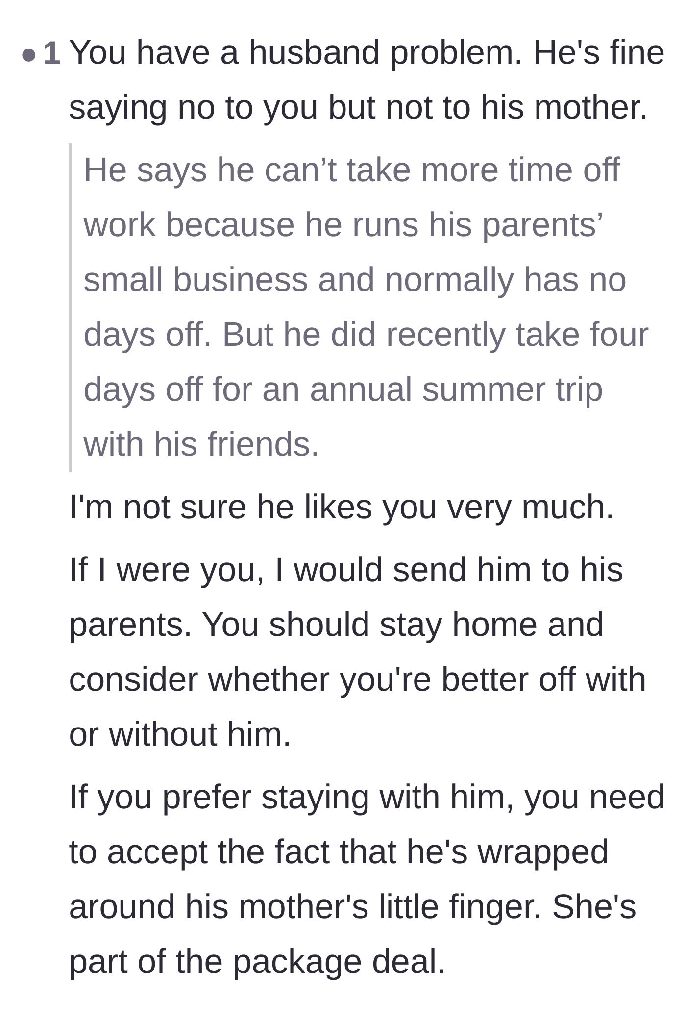 Comment thread 5 - Pointing out the husband's contradictory time-off excuses and his undeniable enmeshment with his mother.