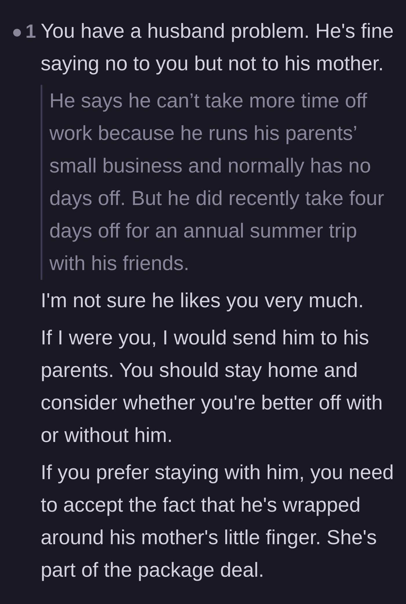 Comment thread 5 - Pointing out the husband's contradictory time-off excuses and his undeniable enmeshment with his mother.