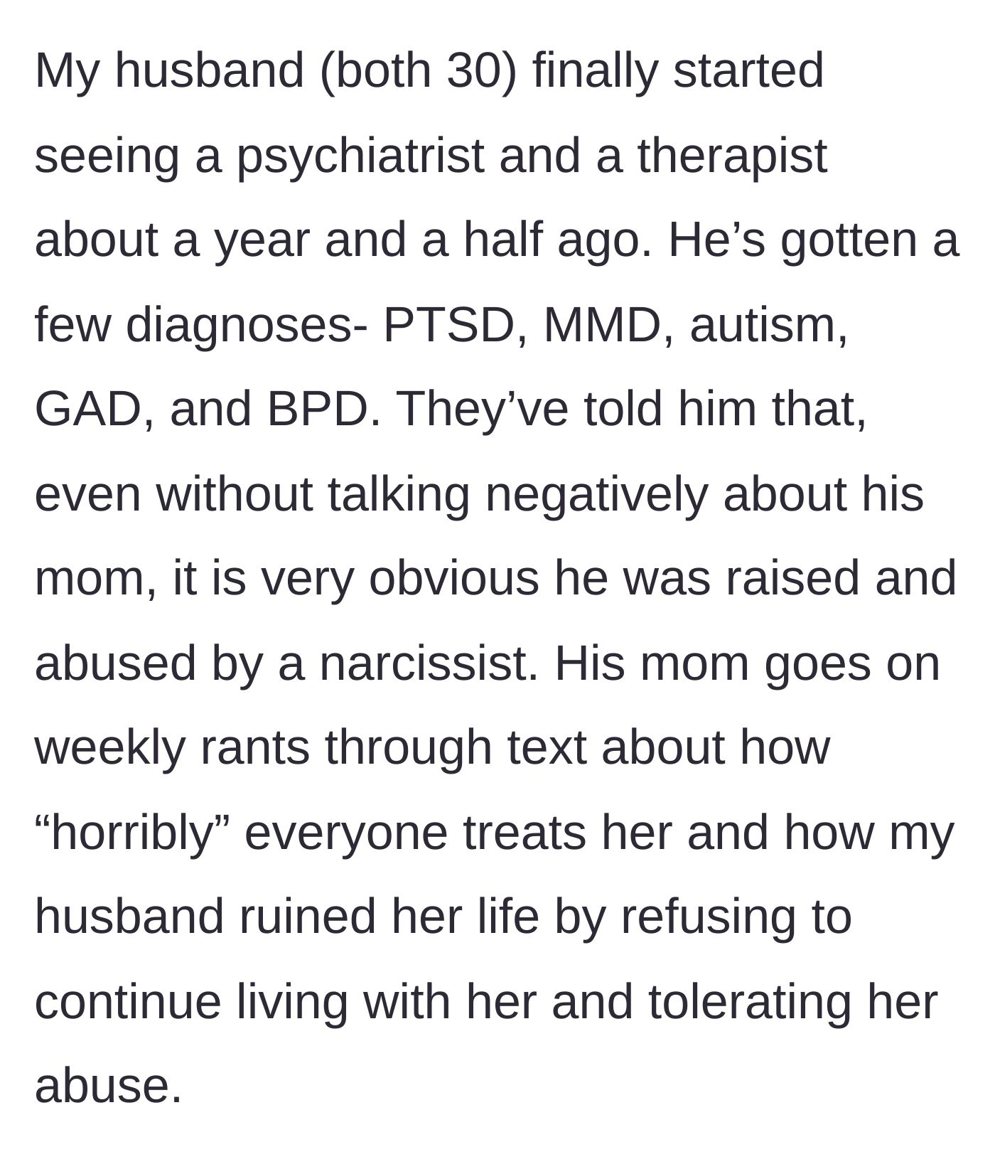 Story part 1 - A husband receives multiple psychiatric diagnoses stemming from childhood trauma while his mother sends self-pitying texts.