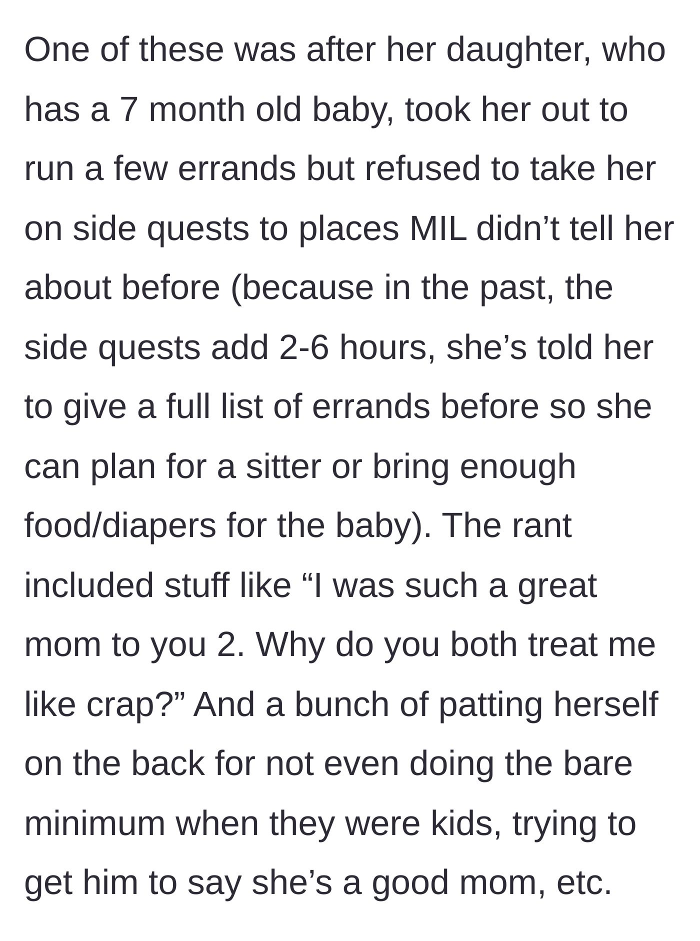 Story part 2 - The mother-in-law complains about a sister-in-law refusing to do multi-hour unannounced side quests with a baby.