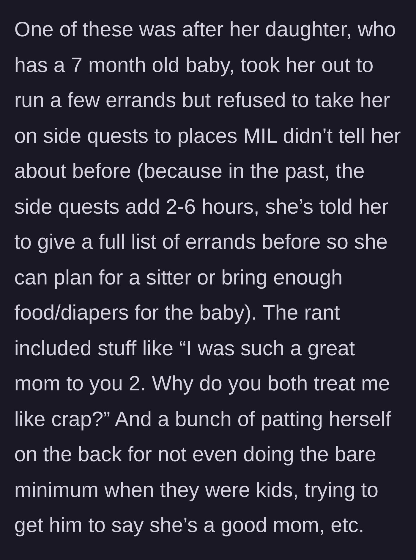 Story part 2 - The mother-in-law complains about a sister-in-law refusing to do multi-hour unannounced side quests with a baby.