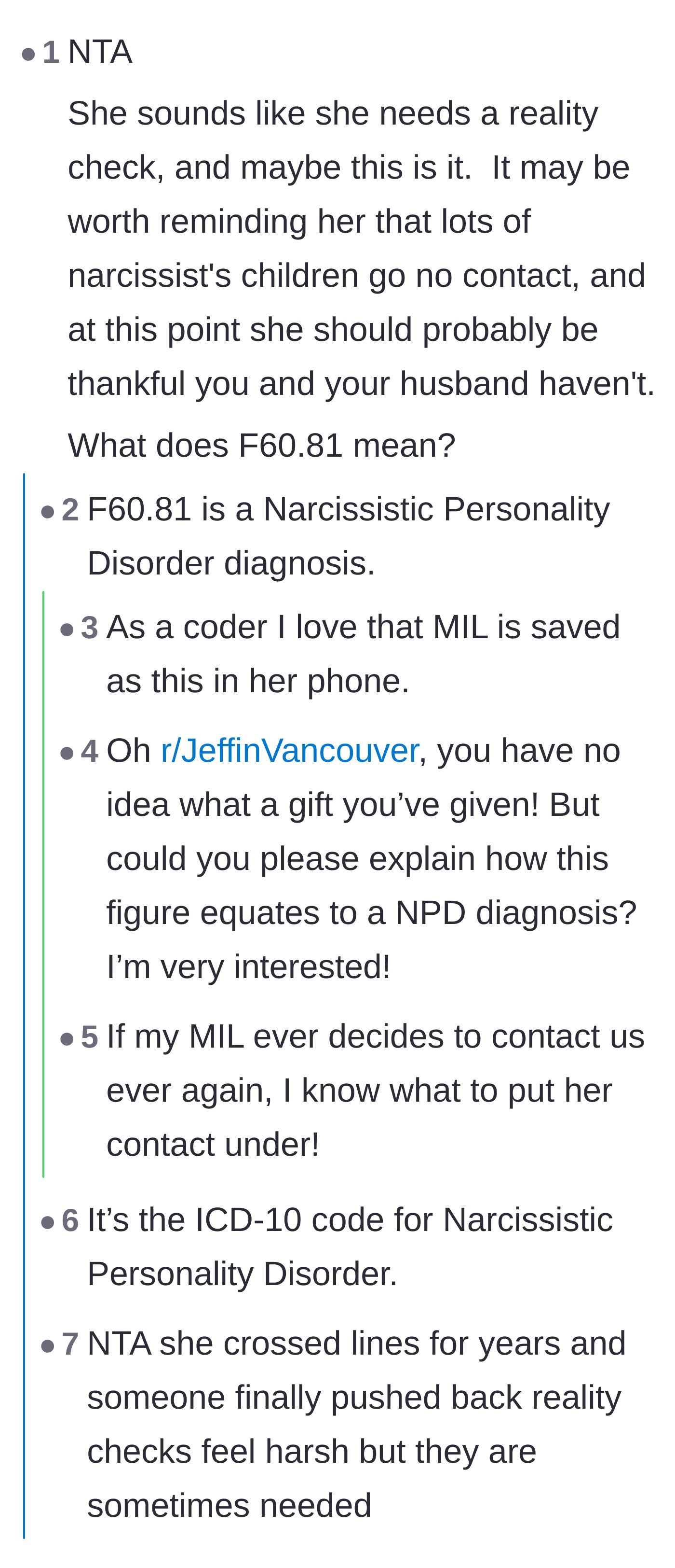 Comment thread 1 - Discussing the ICD-10 medical billing code the wife used as her mother-in-law's contact name.