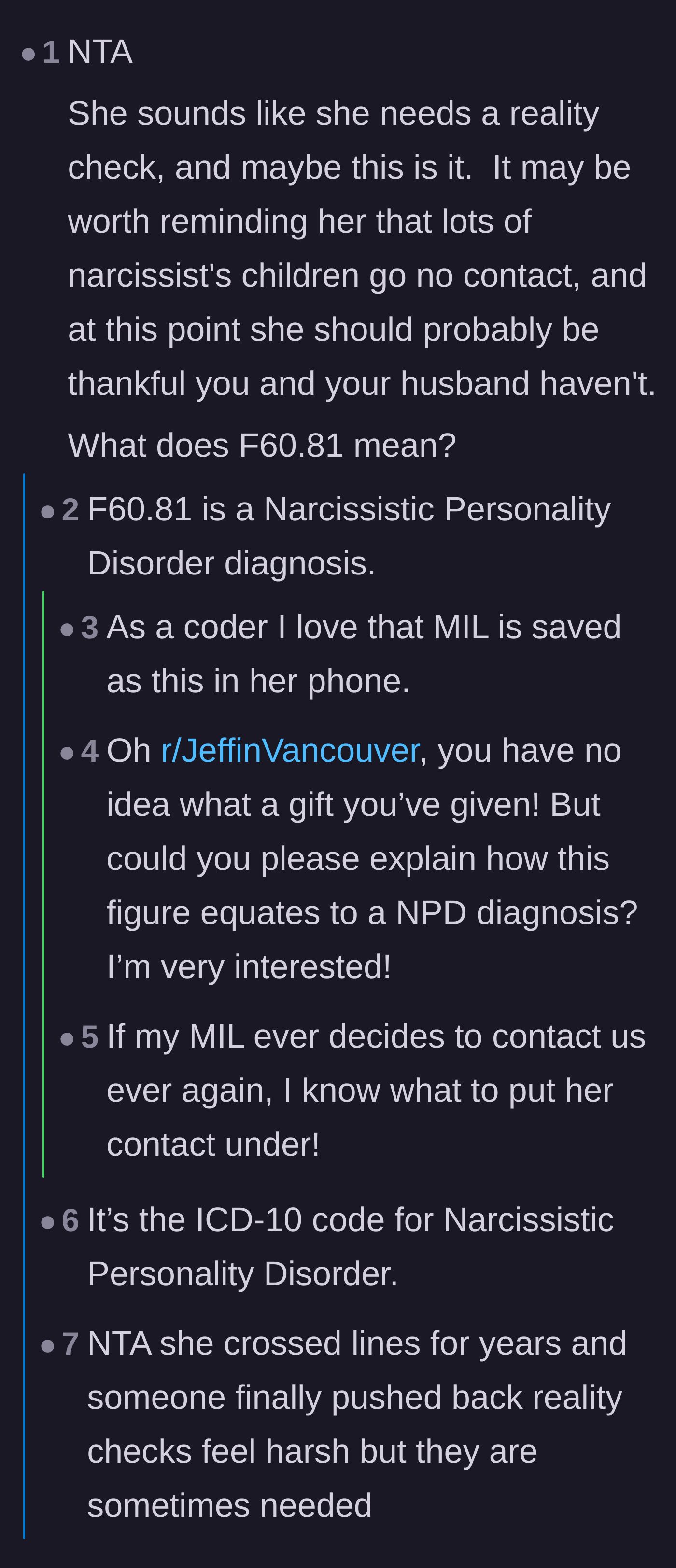Comment thread 1 - Discussing the ICD-10 medical billing code the wife used as her mother-in-law's contact name.
